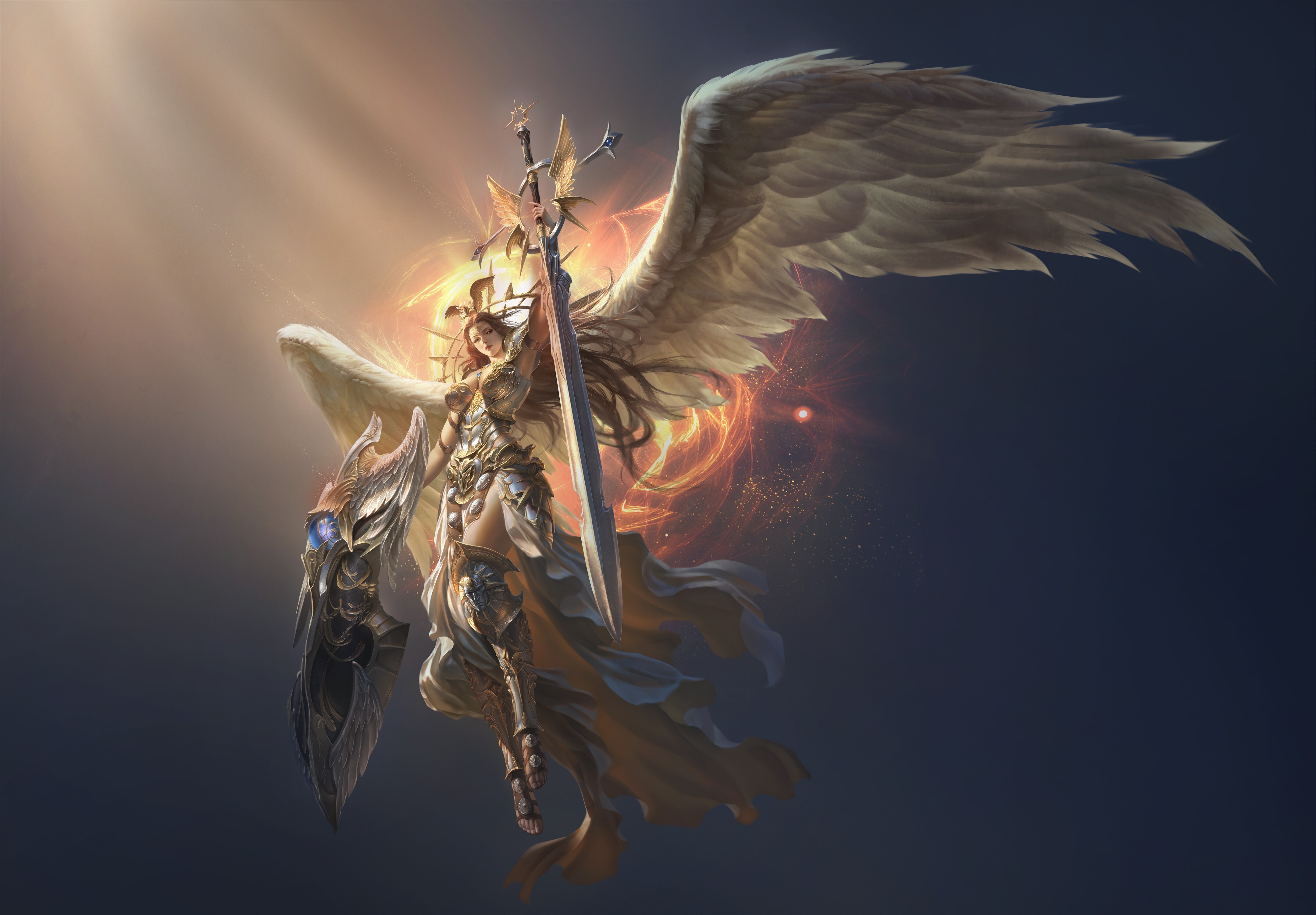Free download Long hair dark hair armor sword wing weapon angel alliance 4K wallpaper, Wallpaper(s) website provided.