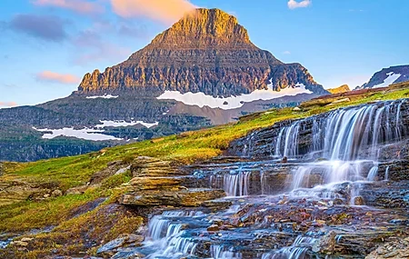 Free download Nature Landscape Mountains Sky Waterfall Rocks Snow Sunset Glow Water Cloud Computer Wallpaper 4K Wallpaper, Wallpaper(s) website provided.