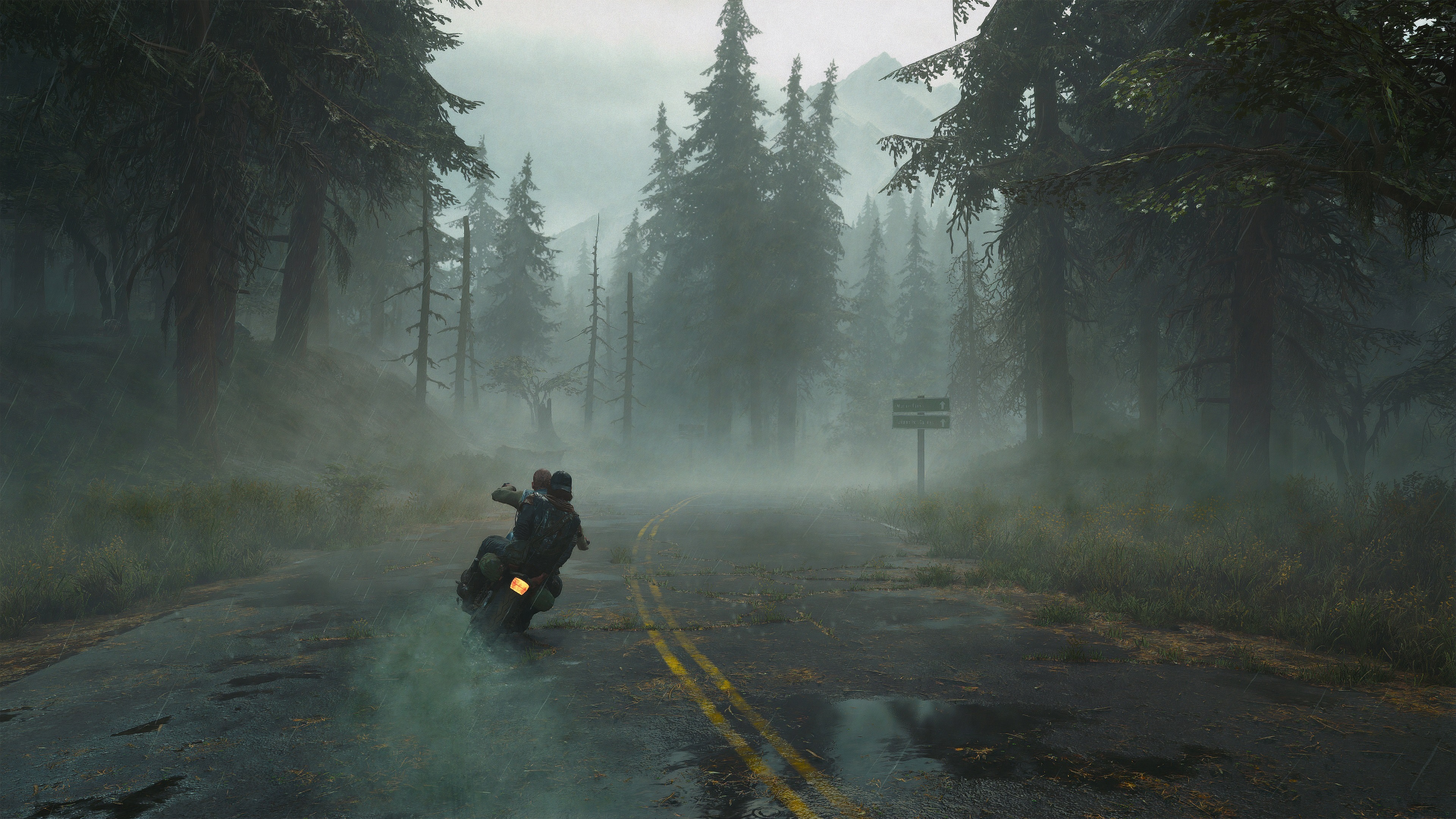 Free download Time pass AI art Motorcycle Forest Highway Mist Fantasy Art Game CG 4K Wallpaper, Wallpaper(s) website provided.