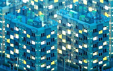 Free download AI Art Art Apartment Block Blue City Building Night View Computer Wallpaper 4K Wallpaper, Wallpaper(s) website provided.