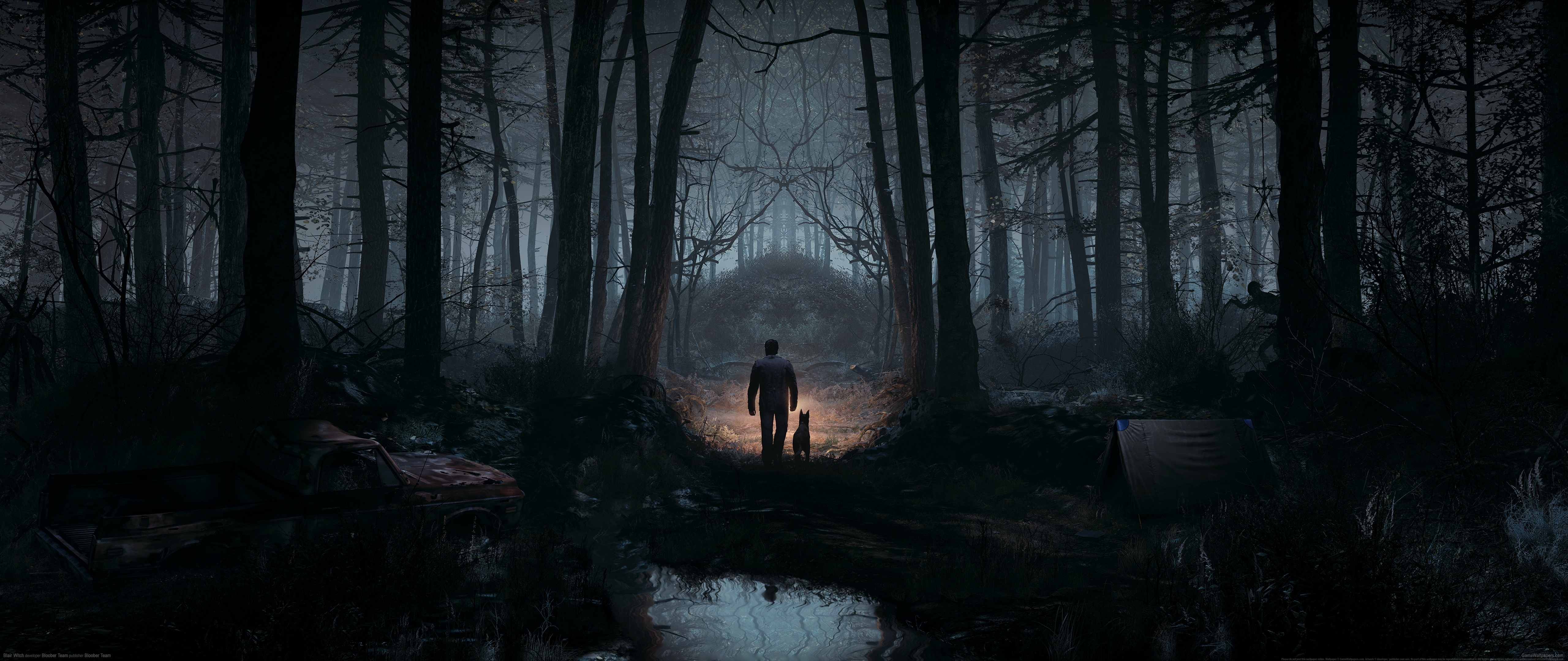 Free download Witch Game CG Horror Dog Tree Lake Tent AI Art Dark Ultra Wide 4K Wallpaper, Wallpaper(s) website provided.