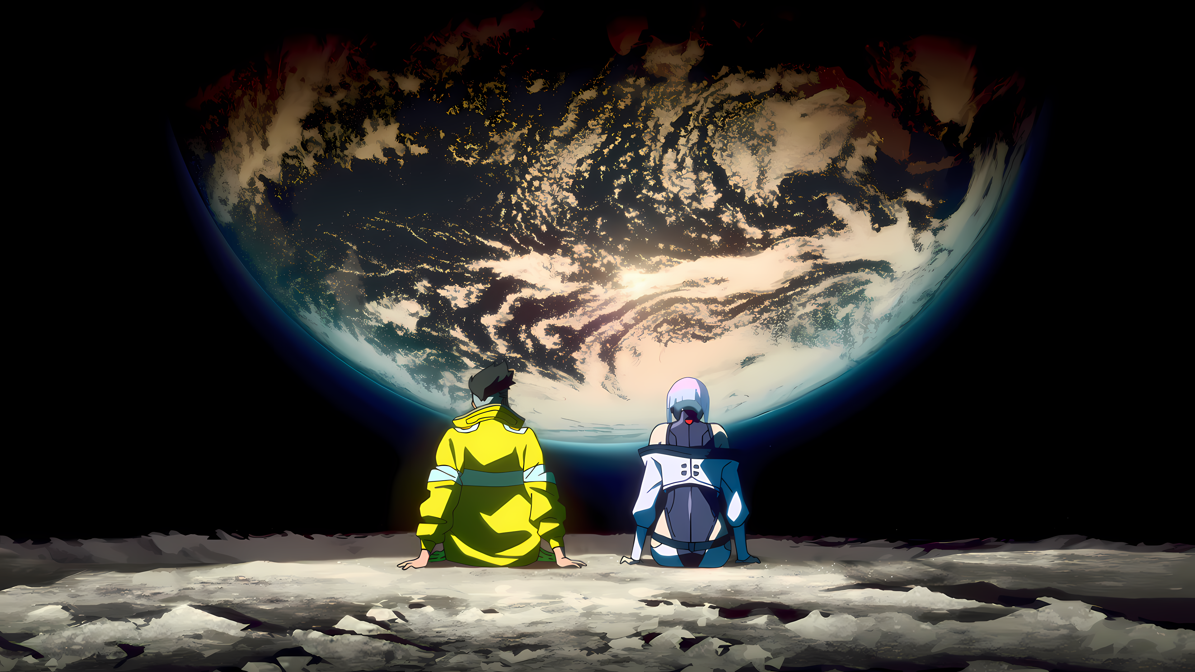 Free download Cyberpunk TV series Anime Earth Moon Planet Universe Space Background 4K Wallpaper, Wallpaper(s) website provided.