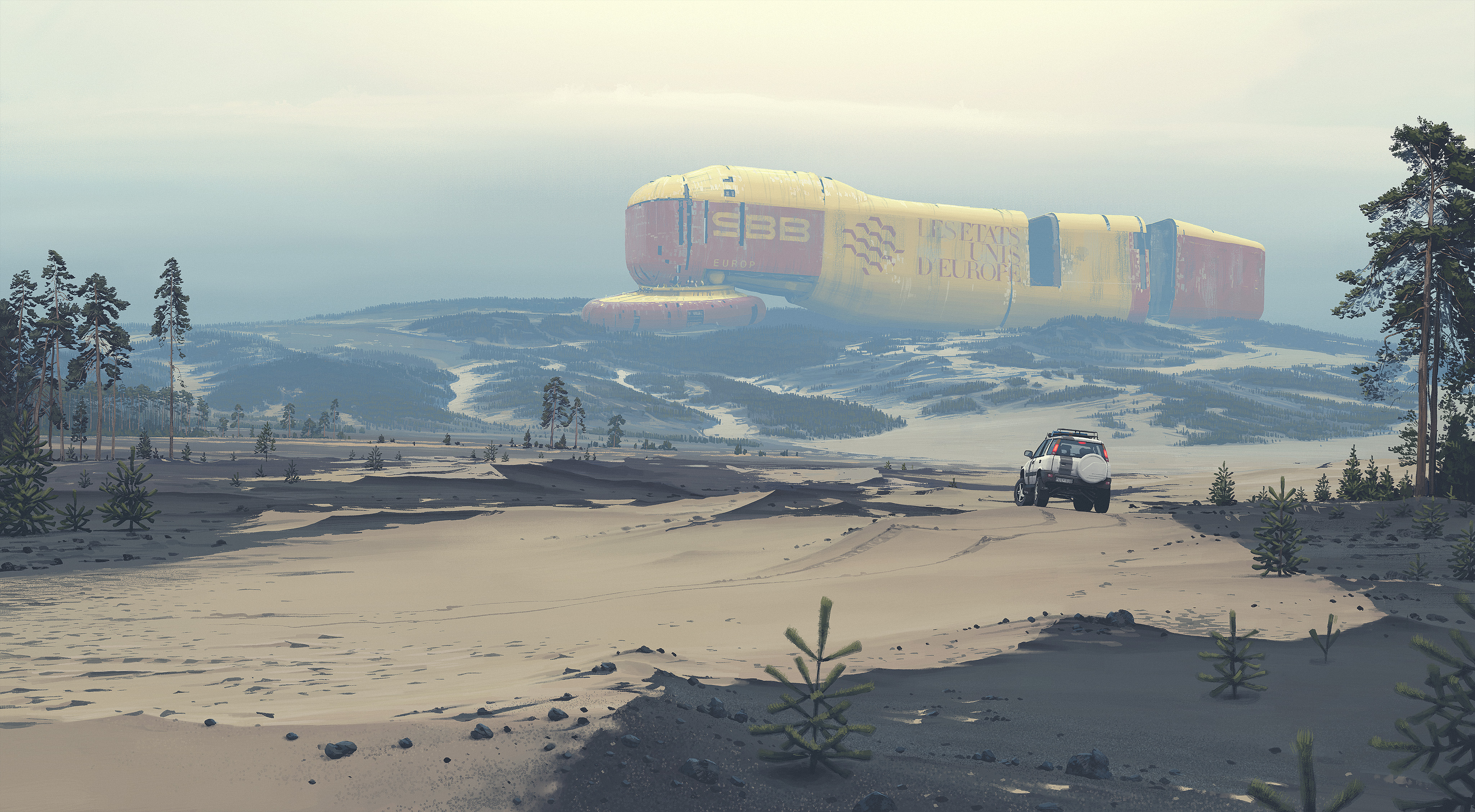 Free download Landscape Futurism Desert Desert Off-road Vehicle Spaceship Base Station Base 4K Wallpaper, Wallpaper(s) website provided.