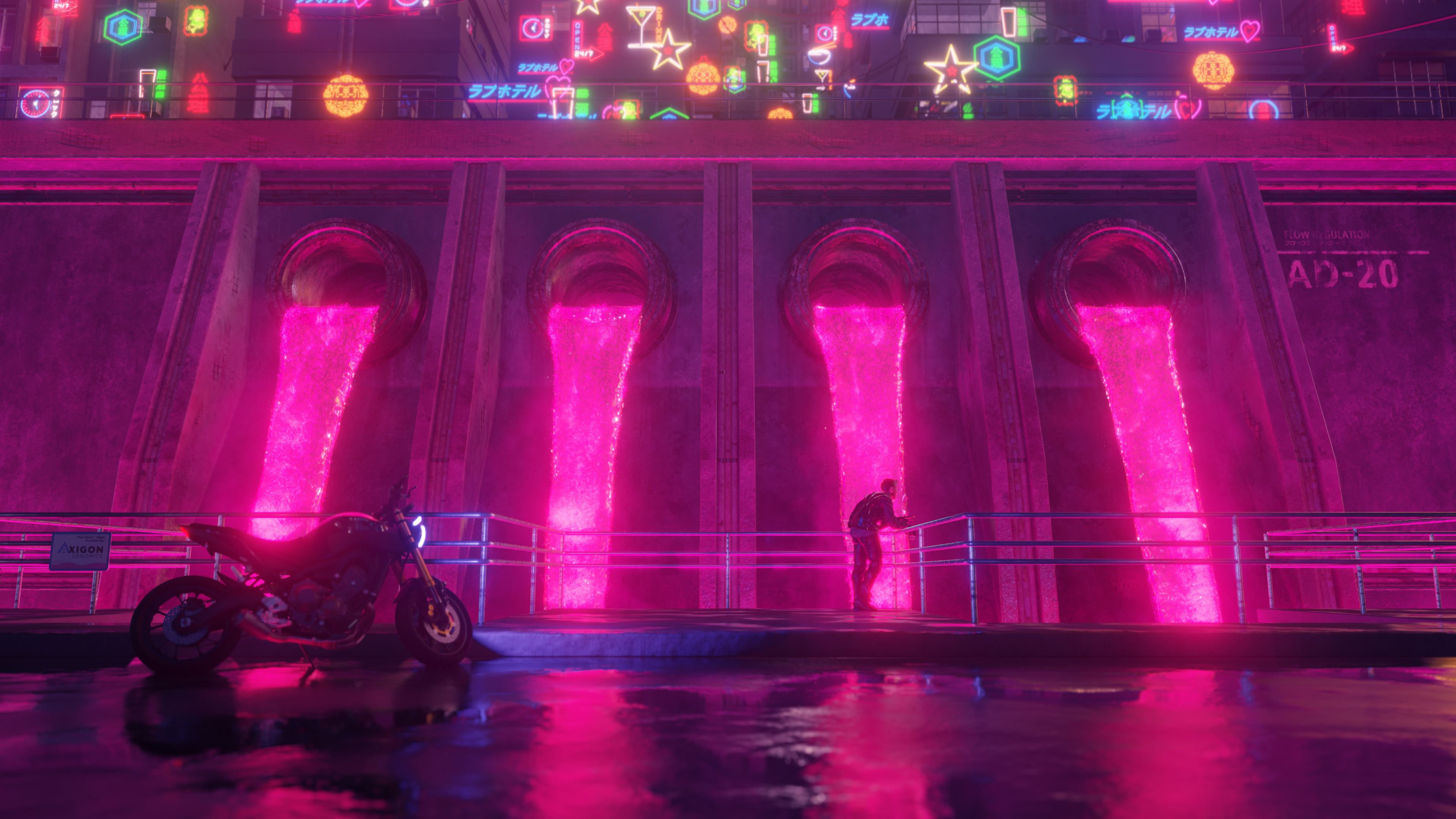 Free download artwork digital art bicycle iron railing light pipe neon city landscape cyberpunk retro night water 4K wallpaper, Wallpaper(s) website provided.