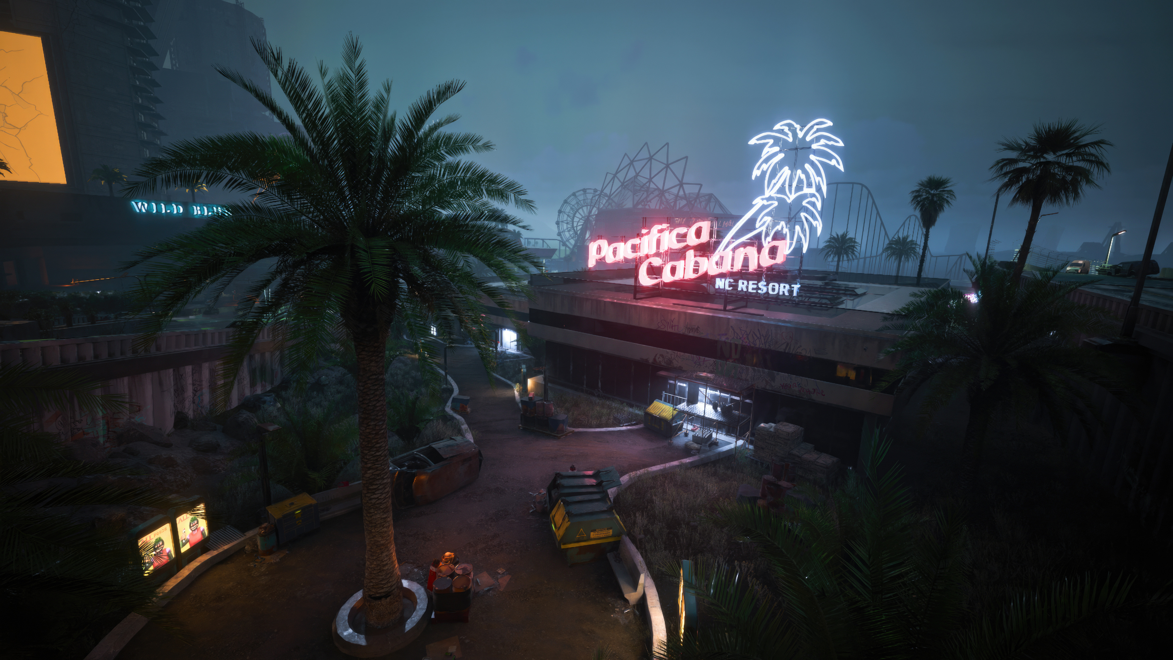 Free download Cyberpunk Palm Tree Resort Roller Coaster Ferris Wheel Road Car Video Game Art 4K Wallpaper, Wallpaper(s) website provided.