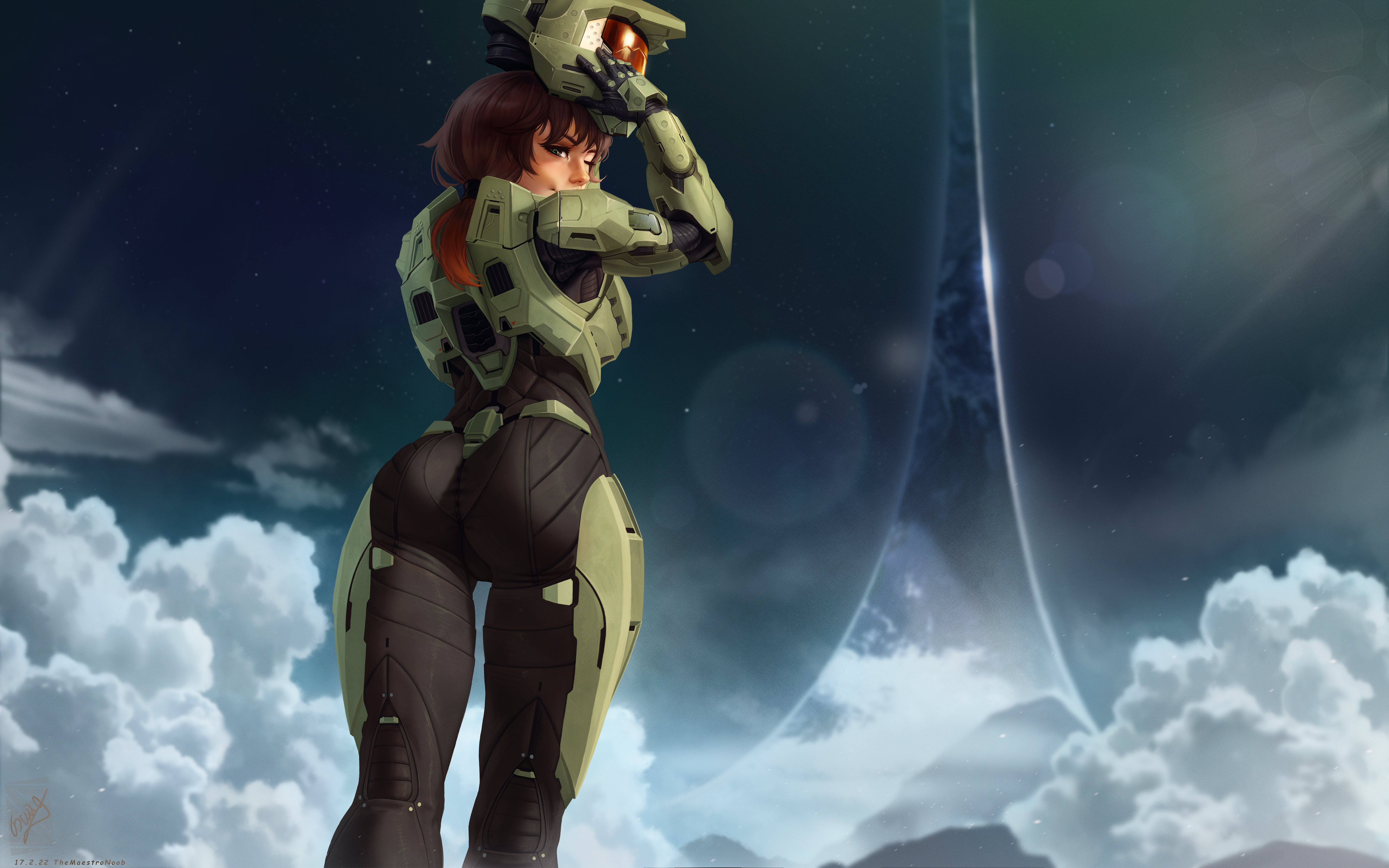 Free download Master Halo Ponytail Woman Halo Game Space Green Armor Wink Helmet Cloud AI Art Game CG 4K Wallpaper, Wallpaper(s) website provided.