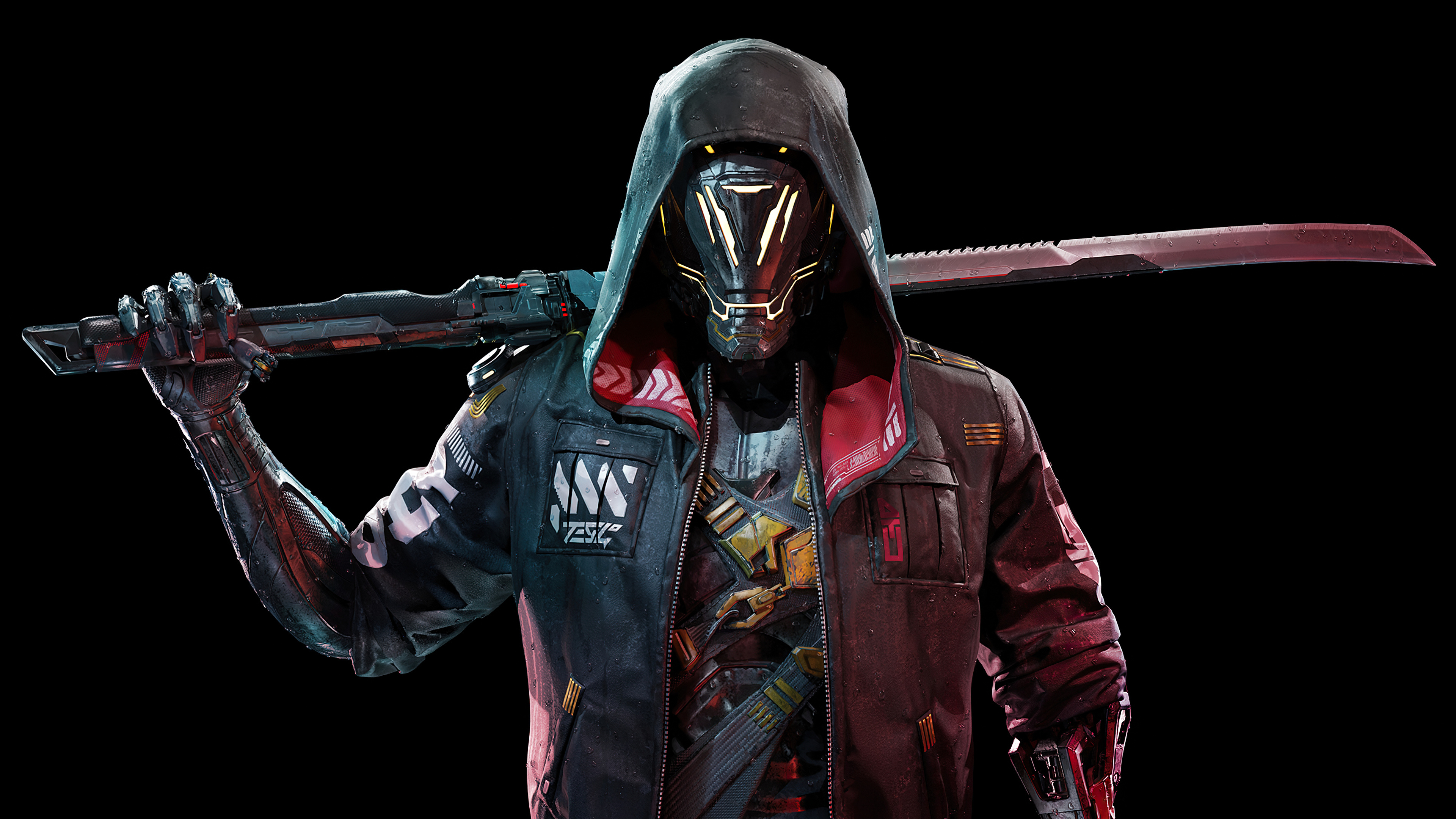 Free download Ninja Video Game Characters Standing Ghost Cyberpunk Jacket Hood Helmet Black Background Science Fiction Weapon Futurism Sword Leather Jacket 4K Wallpaper, Wallpaper(s) website provided.