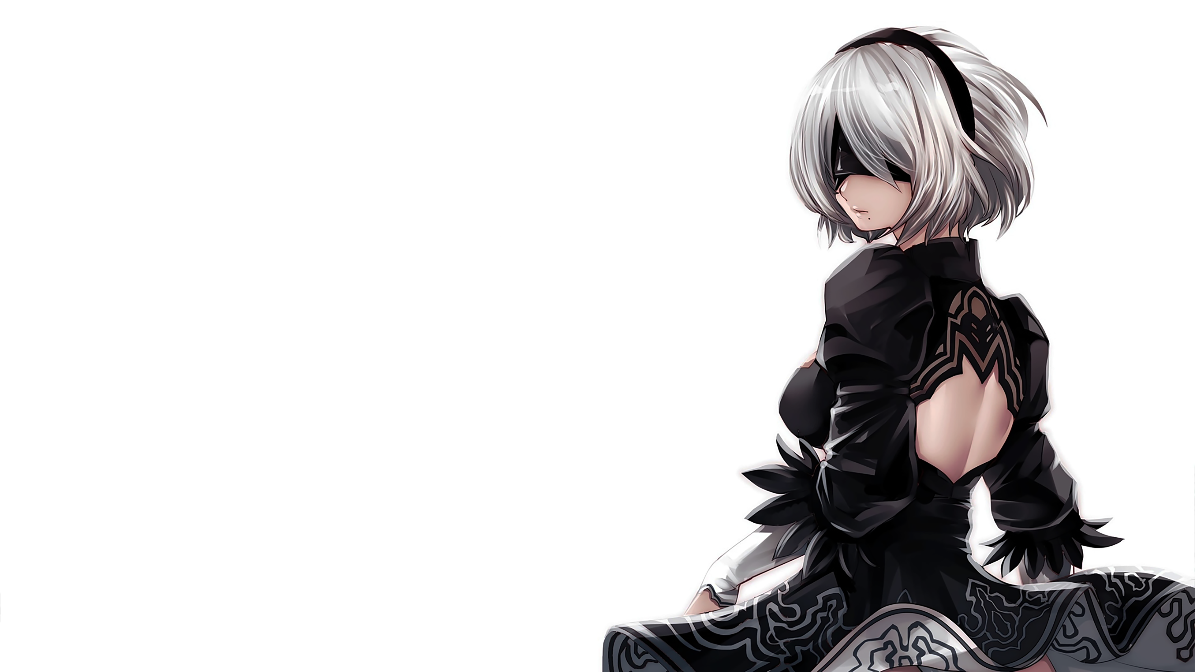 Free download Neil Automata blindfold mole short hair back electronic game girl stand back blindfolded simple background white background dress anime headband 4K wallpaper, Wallpaper(s) website provided.