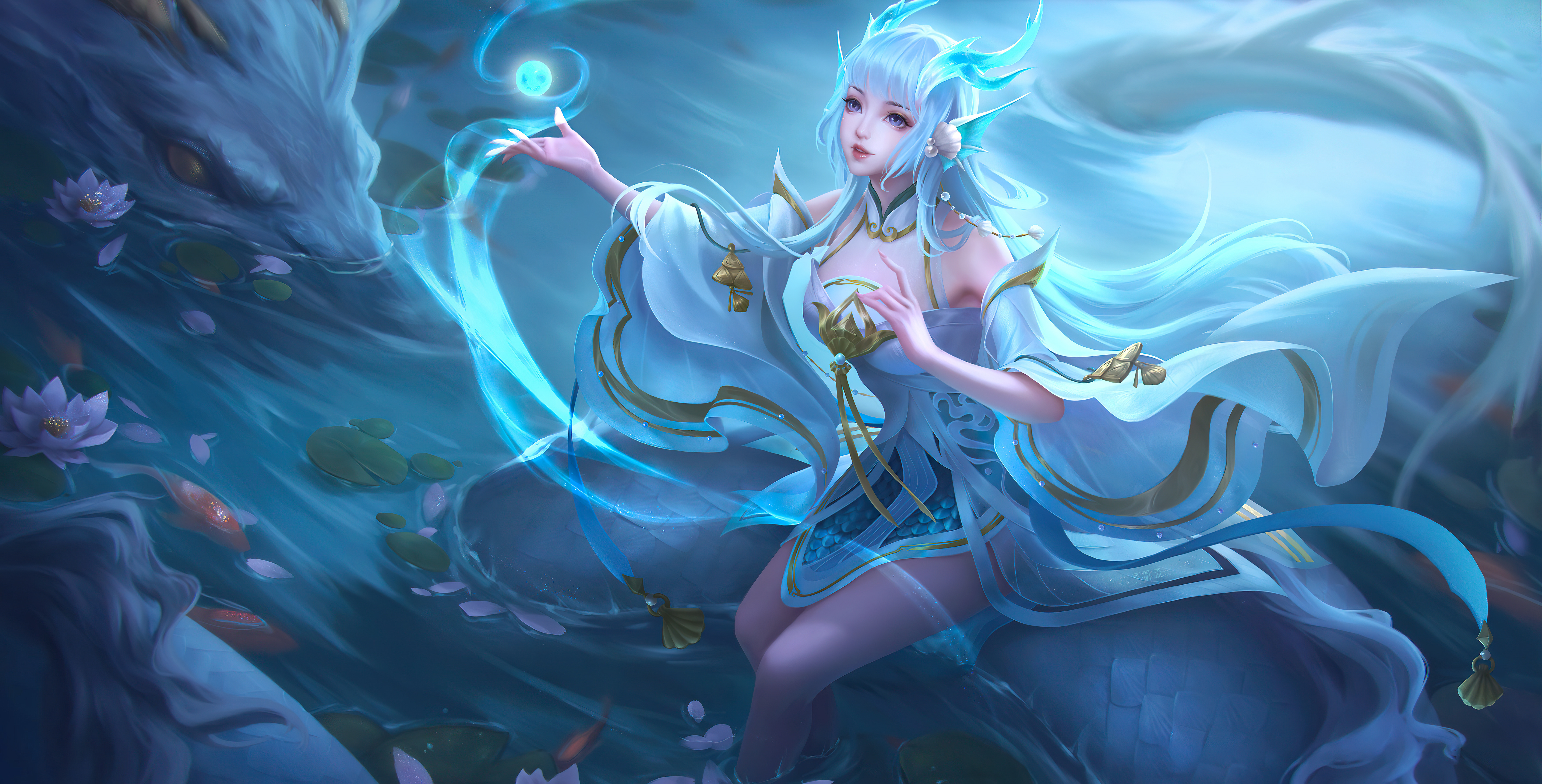 Free download Game CG Character Blue Hair Honor of Kings Water Dragon Animals 4K Wallpaper, Wallpaper(s) website provided.