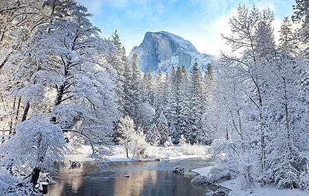 Free download Scenery Nature Winter River Mountains Snow Peaks Snow Frost Sky Pine Trees Day Cold Computer Wallpaper 4K Wallpaper, Wallpaper(s) website provided.