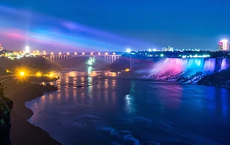 Free download waterfall river lights landscape glowing night bridge neon blue city lights computer wallpaper 4K wallpaper, Wallpaper(s) website provided.