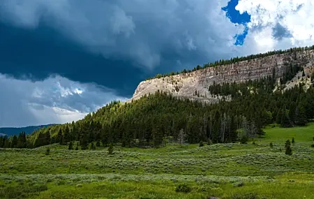 Free download Clouds Landscape Nature Forest Cliff Field Sky Trees Grass Green Computer Wallpaper 4K Wallpaper, Wallpaper(s) website provided.