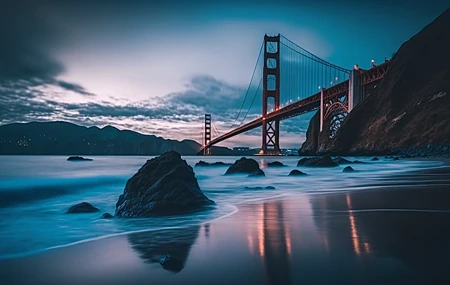 Free download blue bridge water rocks reflection sky clouds waves computer wallpaper 4K wallpaper, Wallpaper(s) website provided.