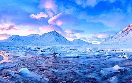 Free download Snow Mountain Clouds Ice River Water Sunshine Sunset Computer Wallpaper 4K Wallpaper, Wallpaper(s) website provided.