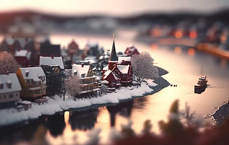Free download Art Tilt Town River Snow Water Reflection Boat AI Art Computer Wallpaper 4K Wallpaper, Wallpaper(s) website provided.