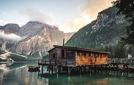 Free download Nature Trees Water Houses Boat Mountains Clouds Reflection Landscape Lake Alps Computer Wallpaper 4K Wallpaper, Wallpaper(s) website provided.