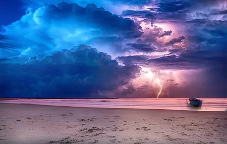 Free download Lightning Nature Sea Beach Boat Sky Cloud Storm Computer Wallpaper 4K Wallpaper, Wallpaper(s) website provided.