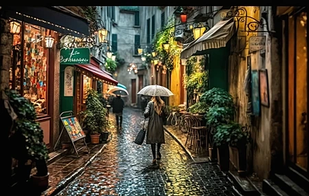 Free download woman alley ai art illustration paris umbrella cobblestone alley plant street lamp computer wallpaper 4K wallpaper, Wallpaper(s) website provided.