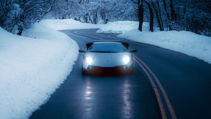 Free download Lamborghini Murcielago Winter Road Snowy road Sports cars Headlights Blue aesthetic 5K, Wallpaper(s) website provided.