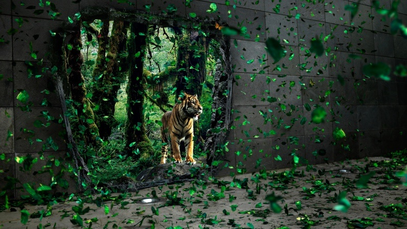 Free download Tiger Mystical Forest Jungle Surreal Wildlife Green leaves Concrete Portal Dreamlike, Wallpaper(s) website provided.