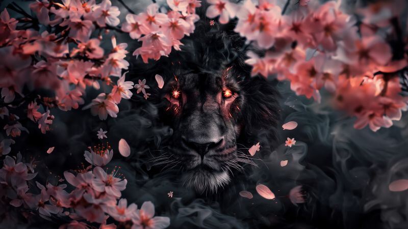 Free download Lion Sakura Smoke Cherry blossom 5K AI art, Wallpaper(s) website provided.