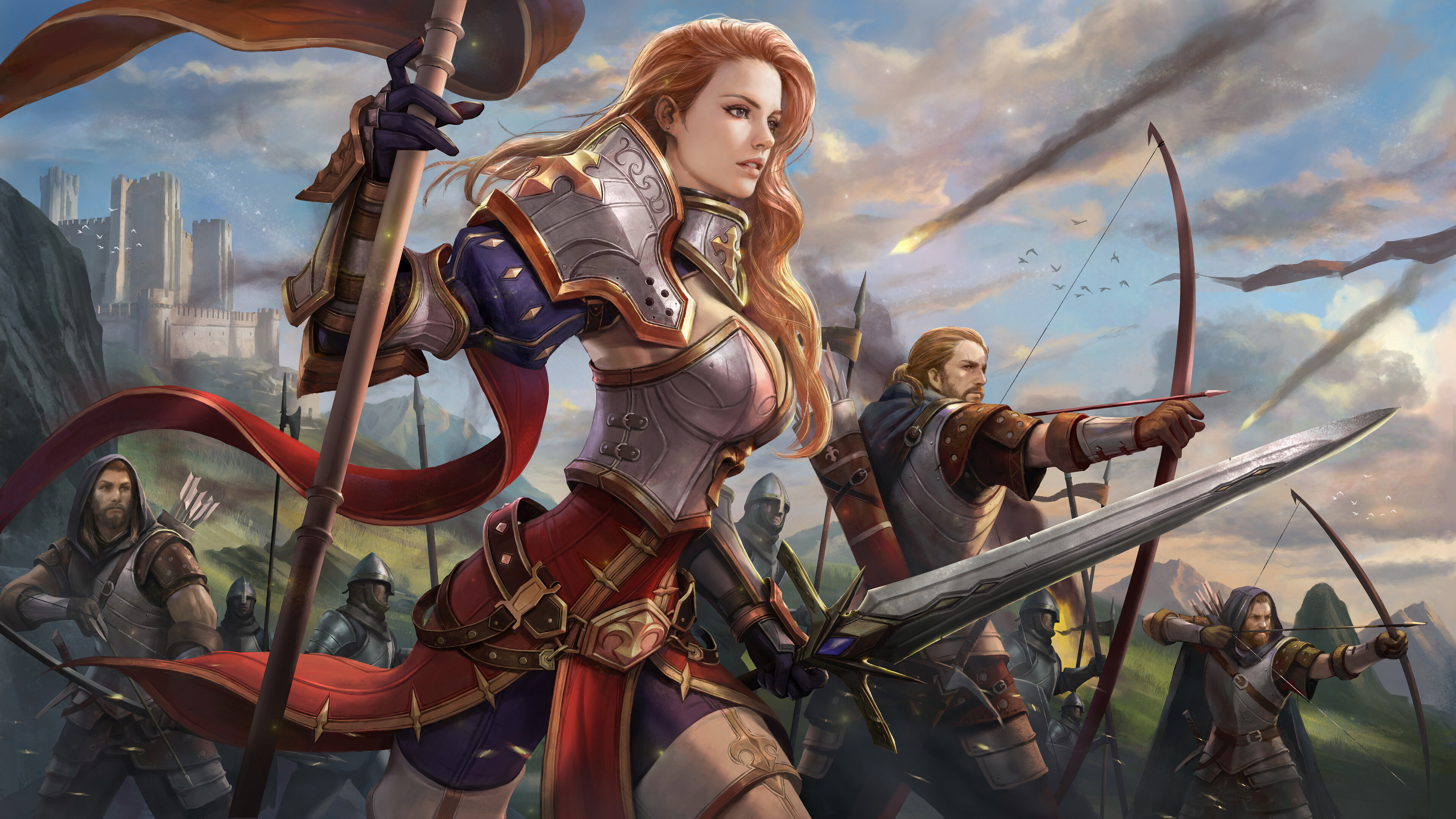 Free download women archer warrior painting battlefield men flag weapon battle castle 4K Wallpaper, Wallpaper(s) website provided.