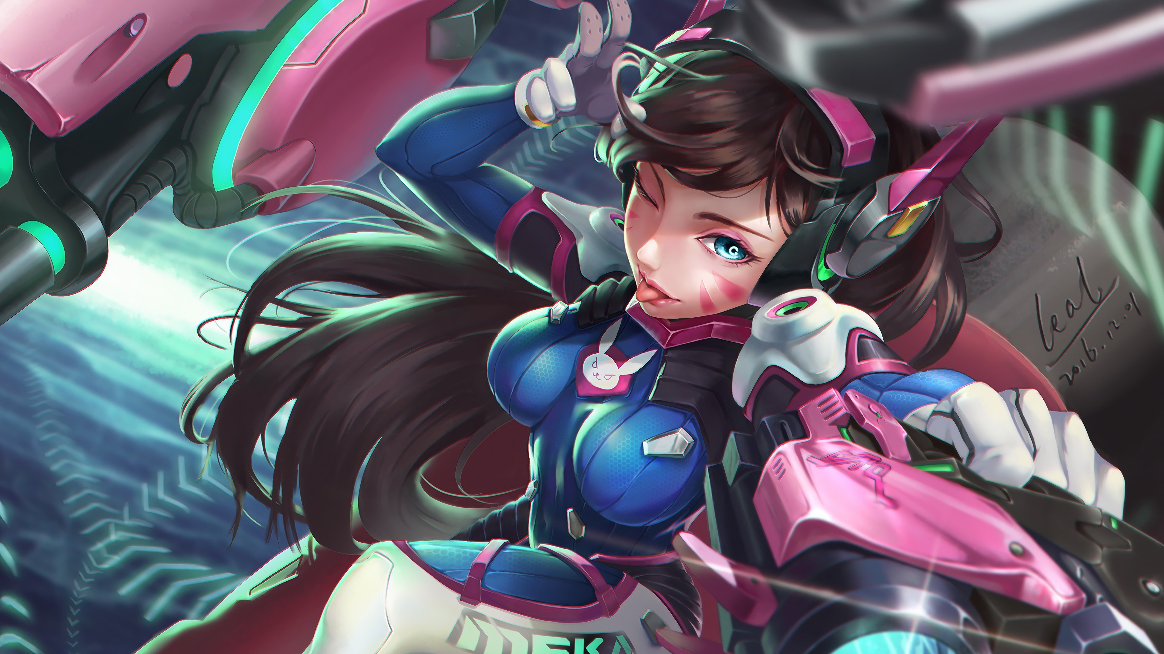 Free download Tongue Long Hair Blue Eyes Black Hair Girl Gun Overwatch Weapon AI Art 4K Wallpaper, Wallpaper(s) website provided.