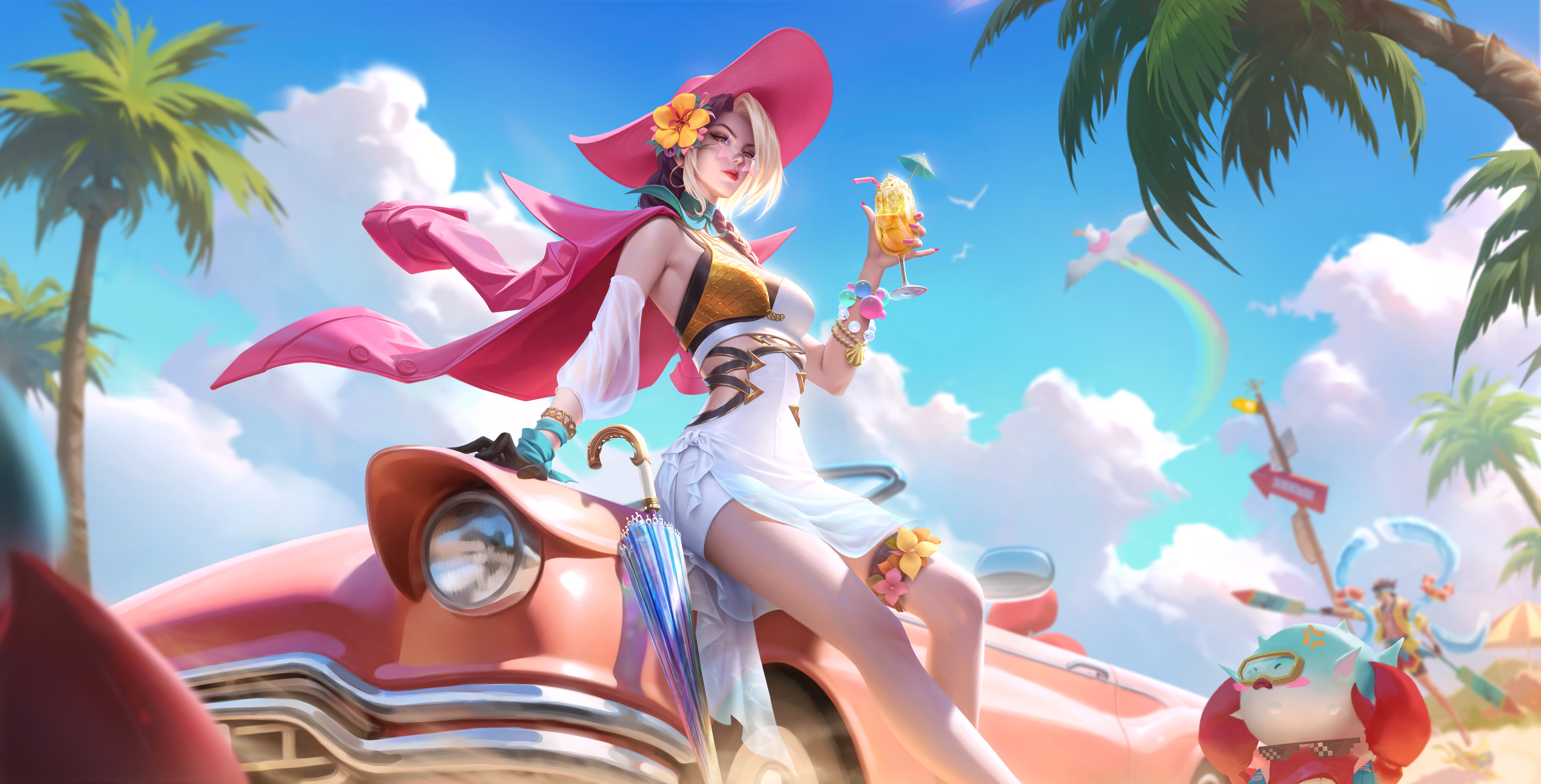 Free download Video Games Honor of Kings Skirt Glass Car Swimsuit Two-tone Hair Hat Girl Cloud Sky Palm Tree Umbrella Summer 8K Wallpaper, Wallpaper(s) website provided.