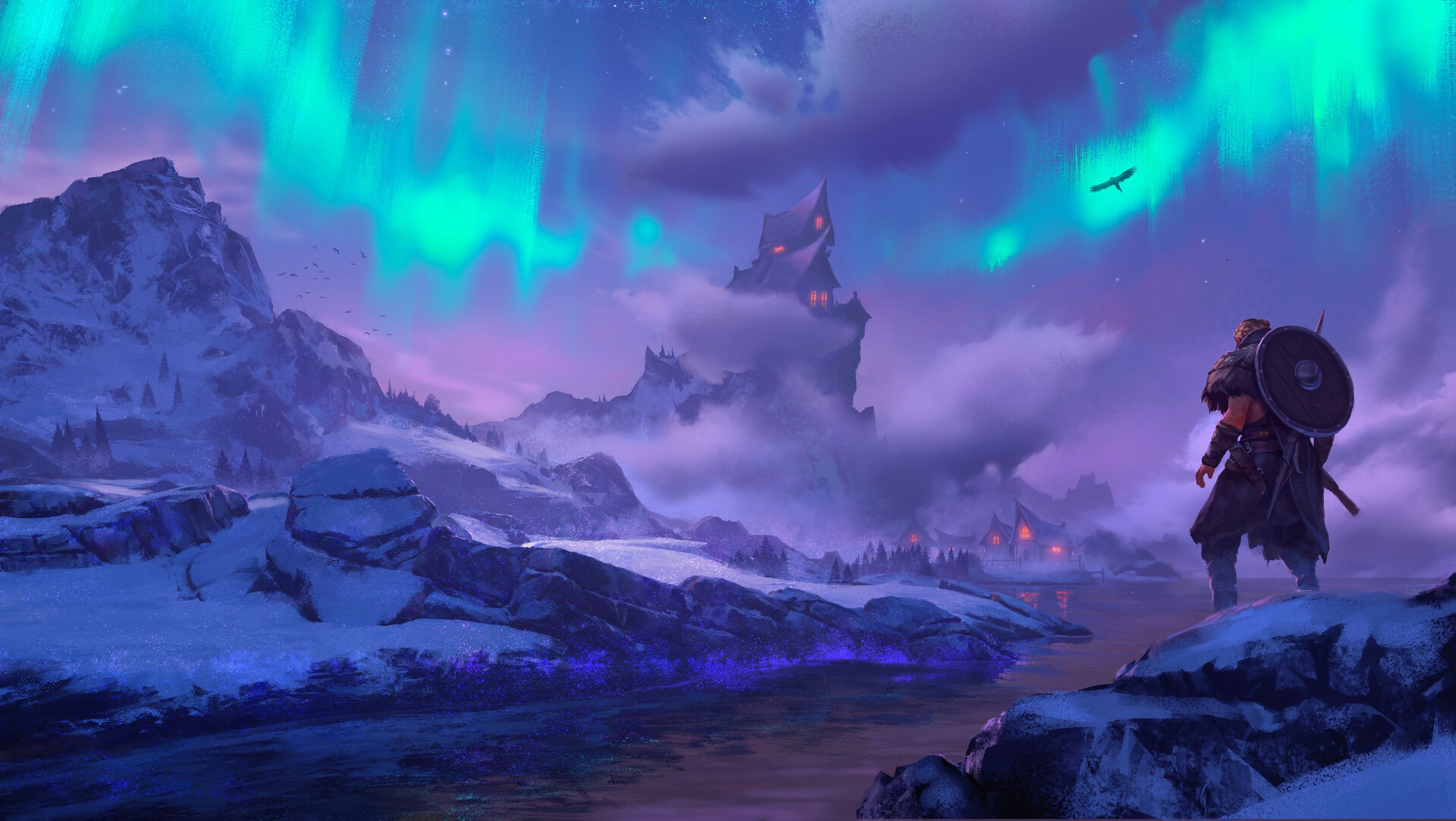 Free download Video Games AI Art Aurora Assassin's Creed River Bird 4K Wallpaper, Wallpaper(s) website provided.