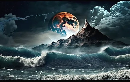 Free download AI Art Illustration Moon Wave Sea Mountain Cloud Water Computer Wallpaper 4K Wallpaper, Wallpaper(s) website provided.