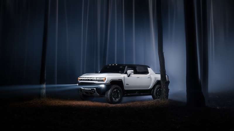 Free download GMC Hummer EV Night time Pickup truck Electric SUV Forest Night Fog Headlights 5K, Wallpaper(s) website provided.