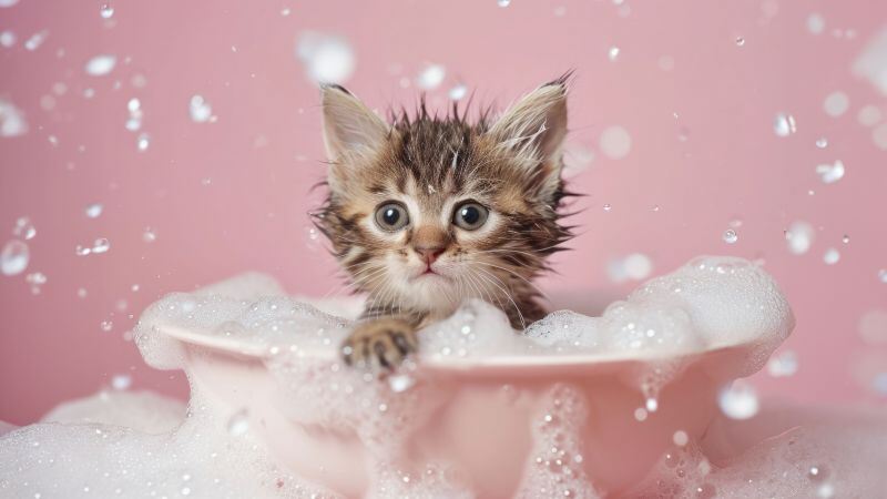 Free download Cute Kitten Bath time Soap Bubble AI art 5K Closeup, Wallpaper(s) website provided.
