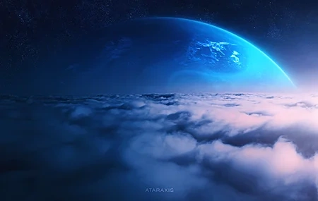 Free download AI Art Original Art Illustration Cloud Planet Space Art Event Horizon Star Environment Blue Simple Background Minimalism, Wallpaper & 7wallpaper