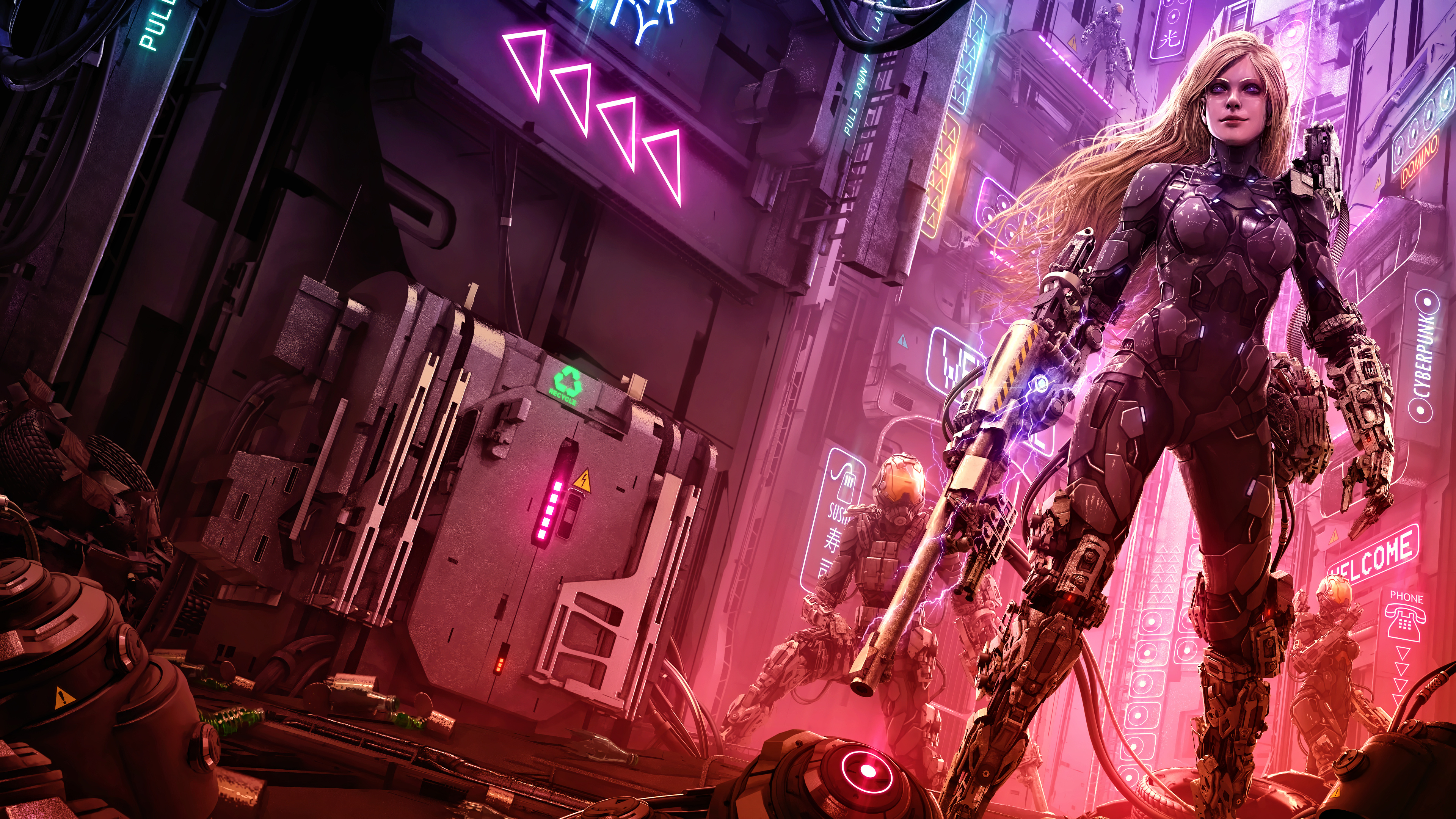 Free download Blonde Woman Cyber ​​Science Fiction Fiction AI Art Concept Art Cyberpunk Futurism Fantasy Art Games City Landscape Future Armor Neon Weapon 4K Wallpaper, Wallpaper(s)