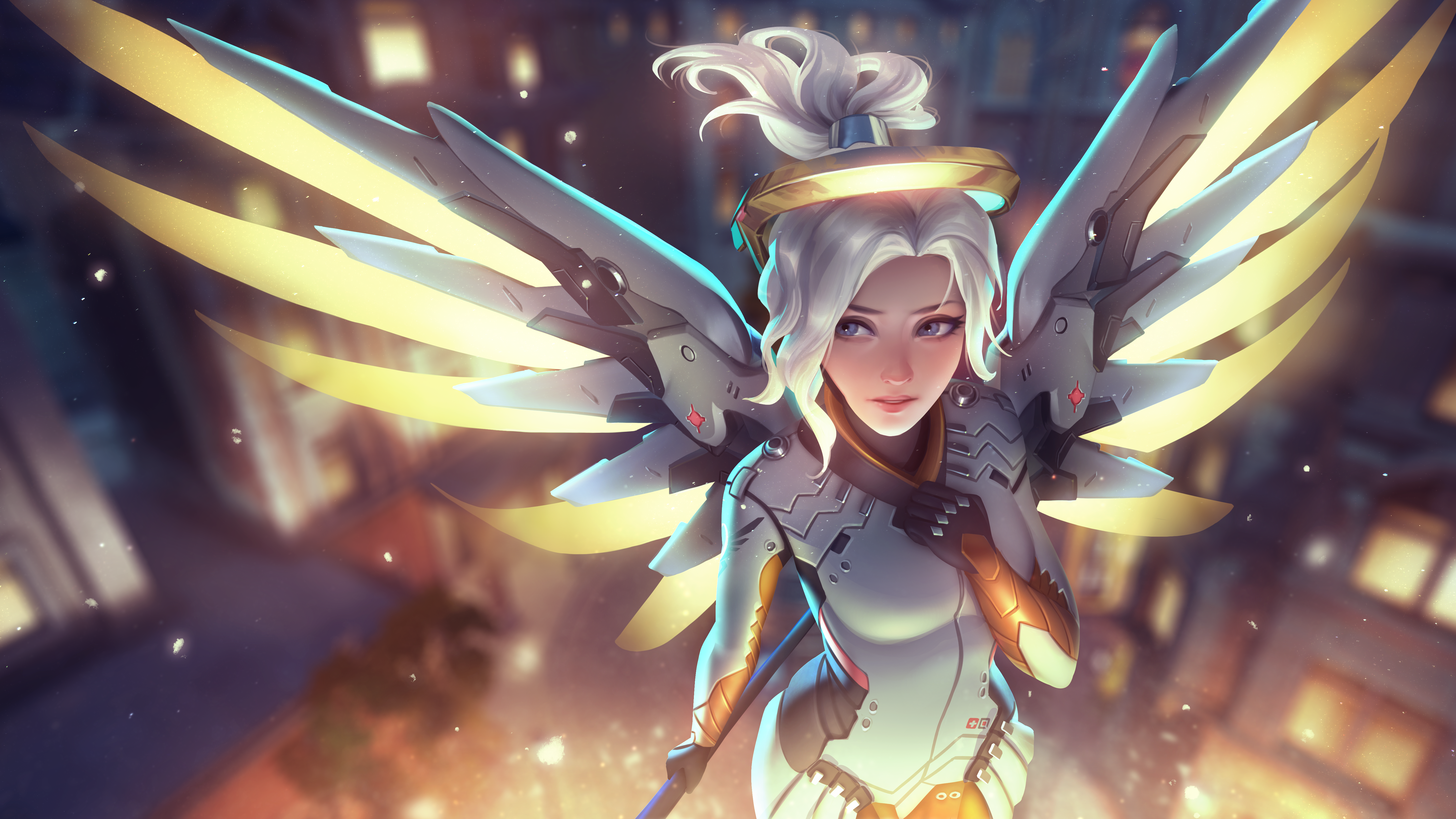 Free download Watch Doctor Long Hair White Hair Ponytail Blue Eyes City Building Flight Wings Blush 4K Wallpaper, Wallpaper(s)