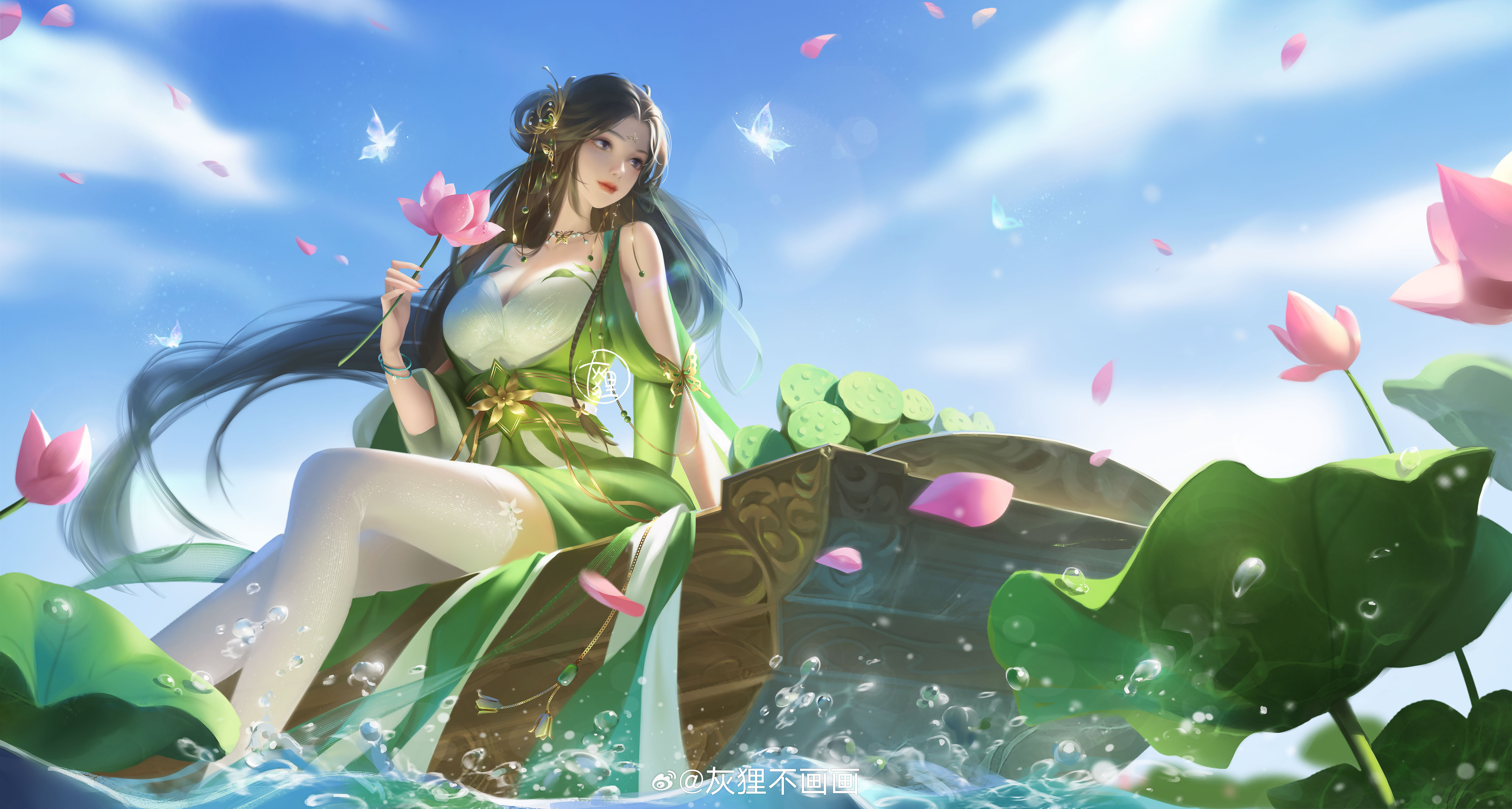 Free download White Ghost Zhu Yi'an long hair brunette sitting flower smile woman water green dress flowers dress water drop necklace hair accessory boat water lily cloud butterfly petal sky jewelry stockings 8K wallpaper, Wallpaper(s)
