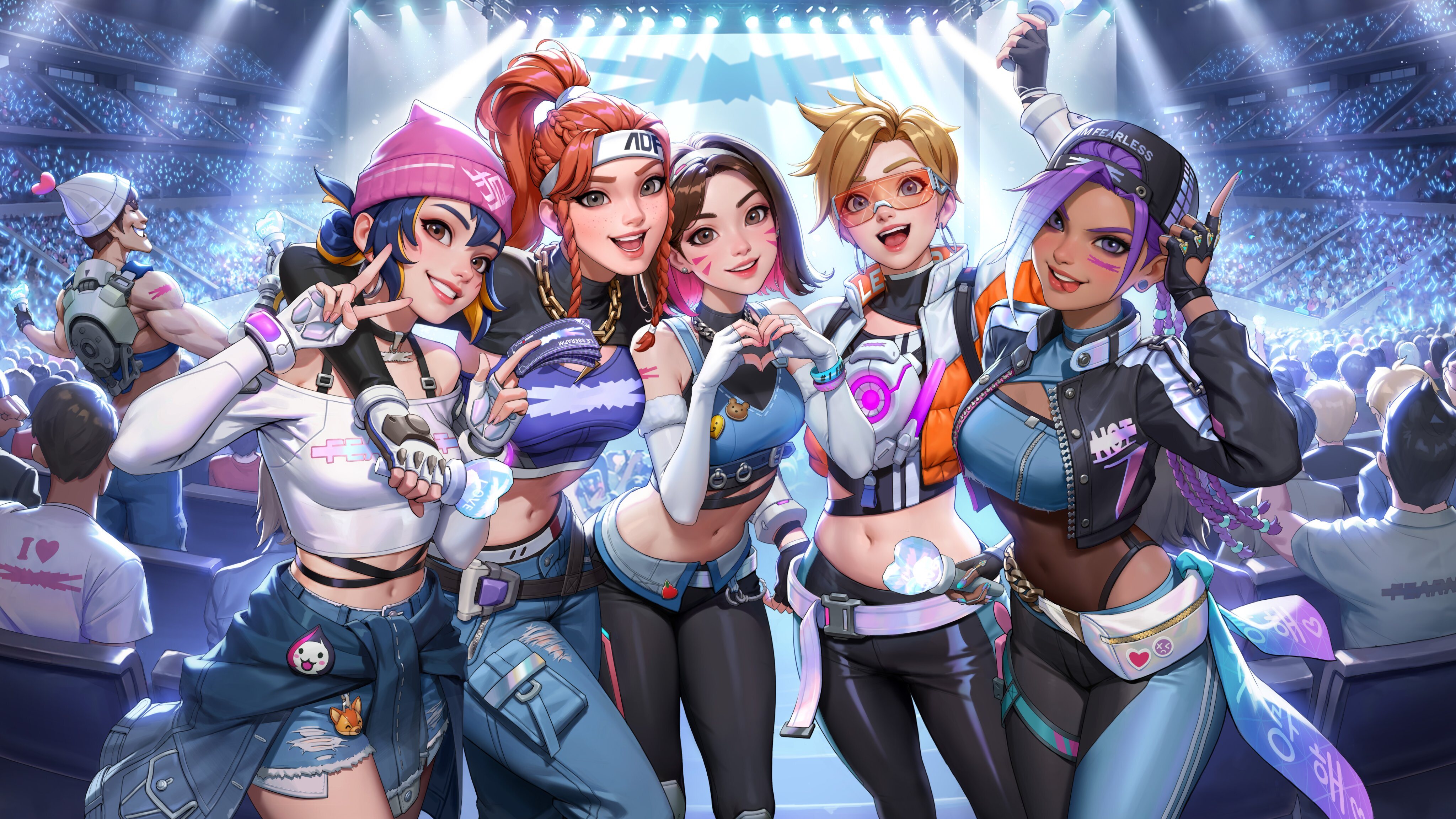 Free download Overwatch navel group video game character smile Blizzard Entertainment drawing arena hat lamp tracker band pop Brigitte stadium AI art 4K wallpaper, Wallpaper(s)
