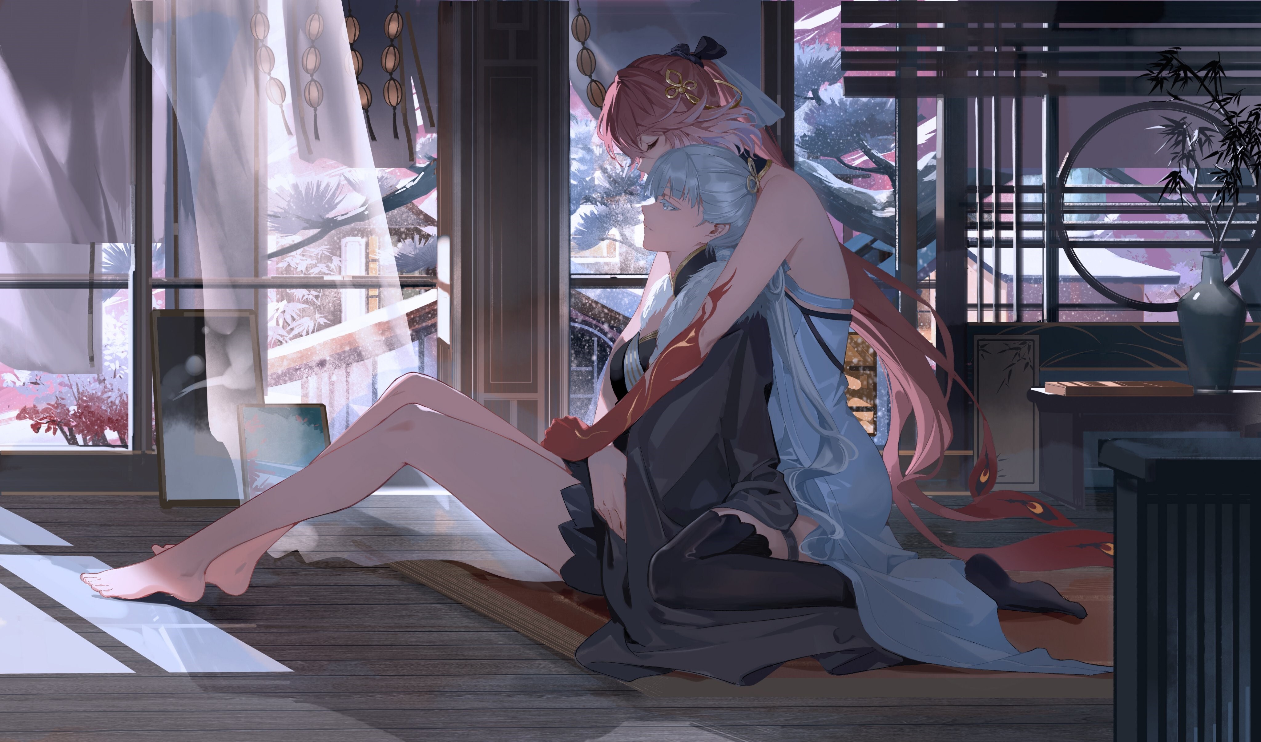 Free download Electronic Game Girl Pink Hair Hug White Hair Sitting Art Changli Jinxi 4K Wallpaper, Wallpaper & 7wallpaper