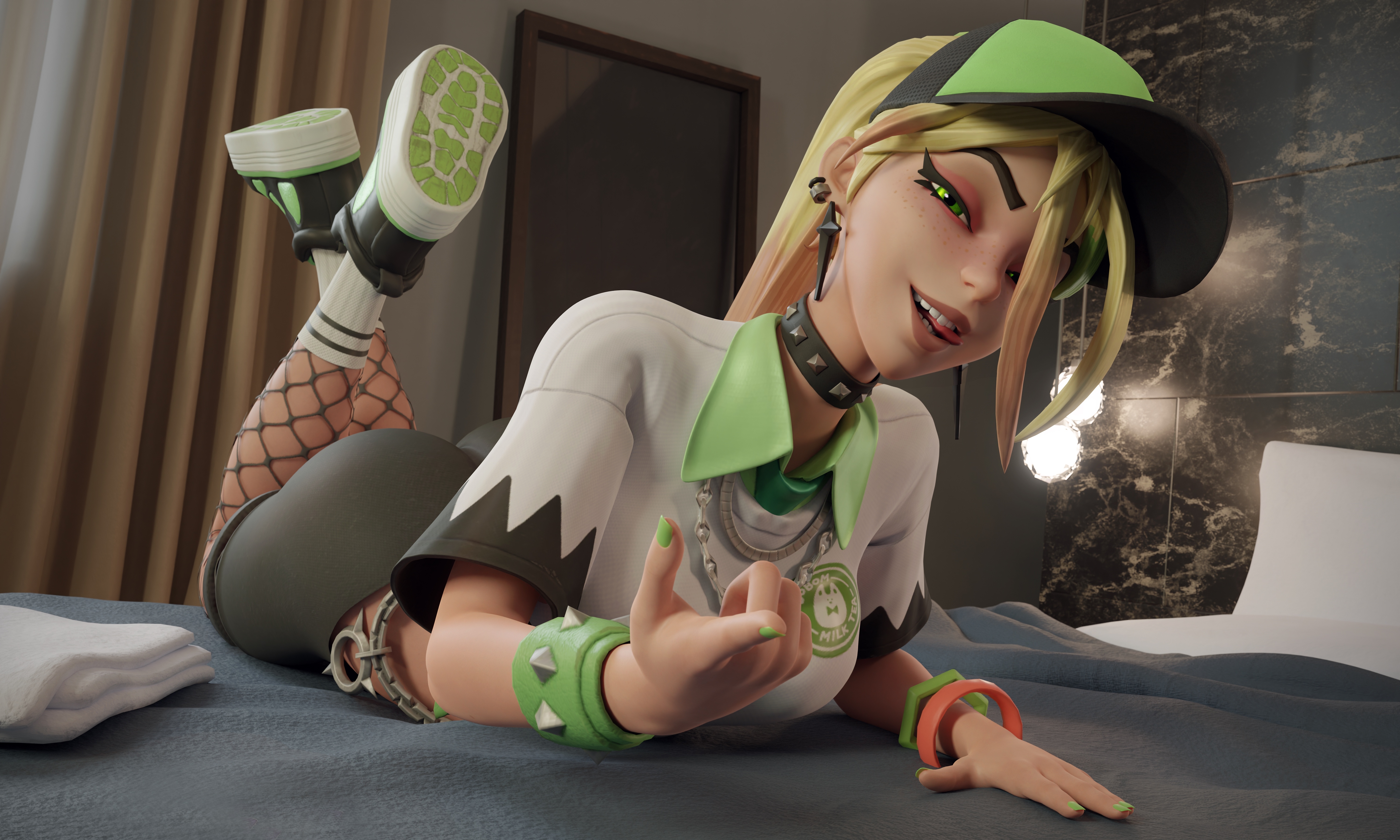 Free download video games girl freckles tongue out video games digital art socks white socks sailor socks striped socks shoes soles short sleeves baseball cap hotel room 4K wallpaper, Wallpaper & 7wallpaper