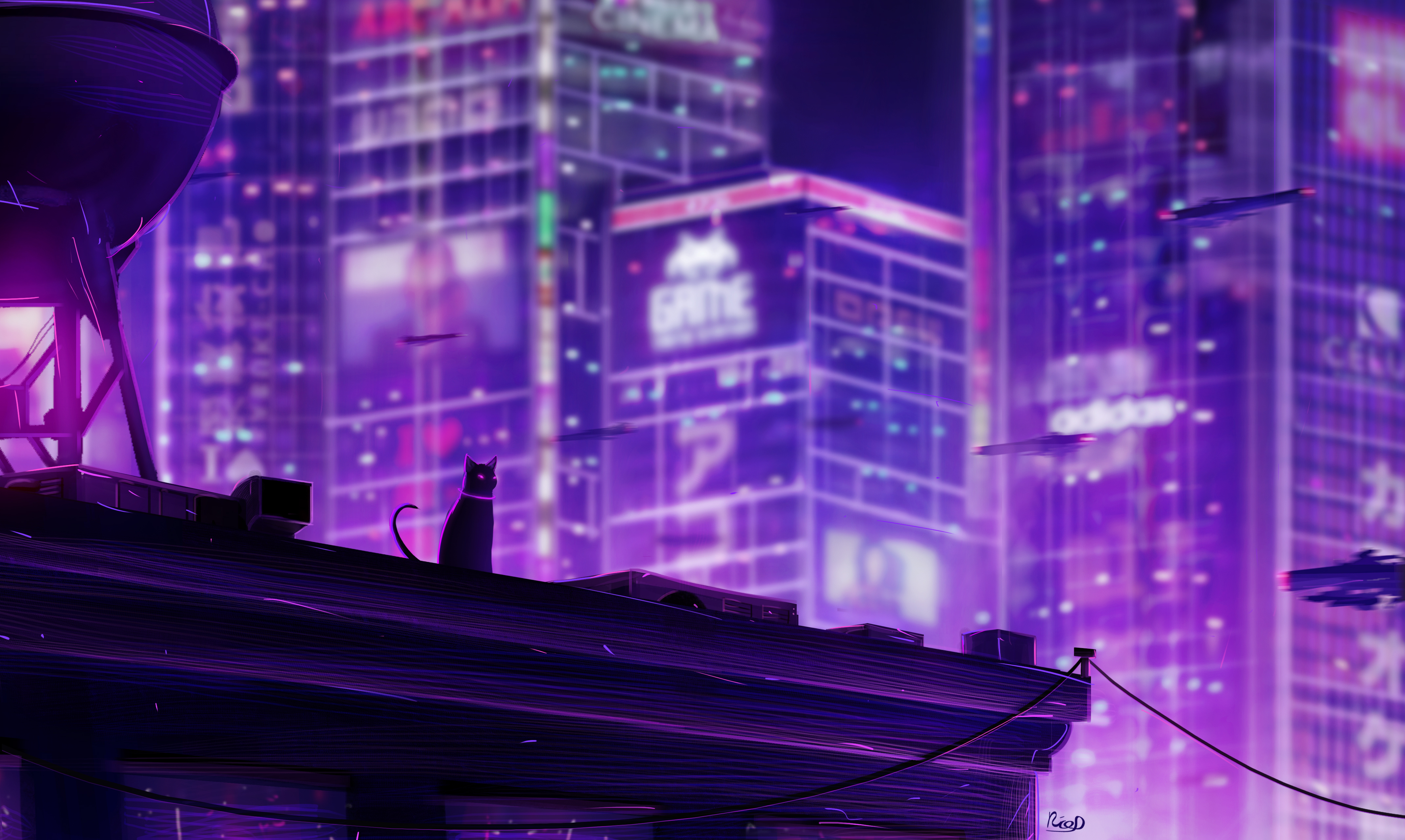 Free download Cat Lights Neon City Lights Architecture Futuristic AI Art Purple Backlight Landscape Animal 4K Wallpaper, Wallpaper & 7wallpaper