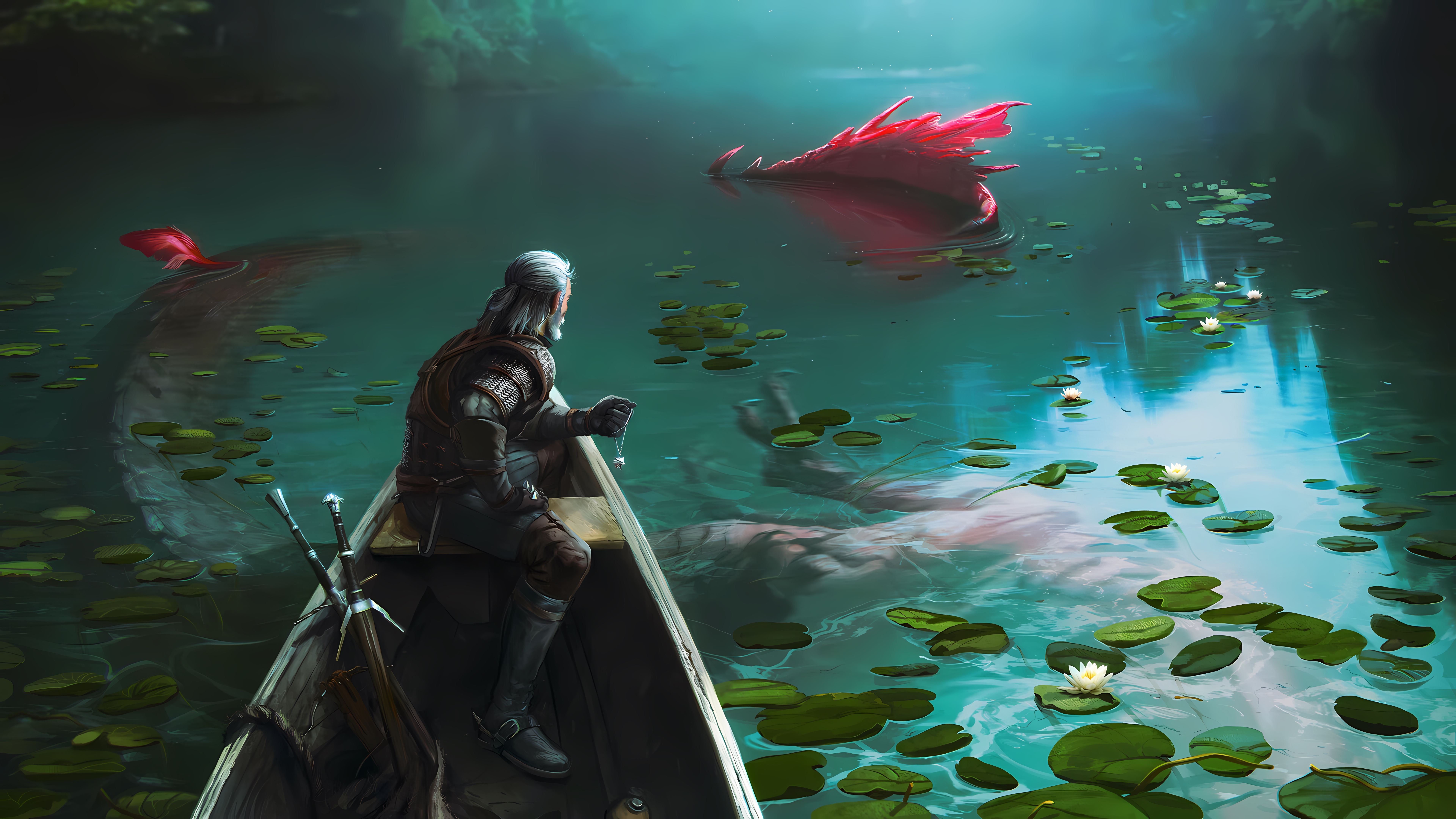 Free download Game CG Fantasy State of Art Witcher Game Creature Boat Sword Water Water Lily 8K Wallpaper, Wallpaper & 7wallpaper