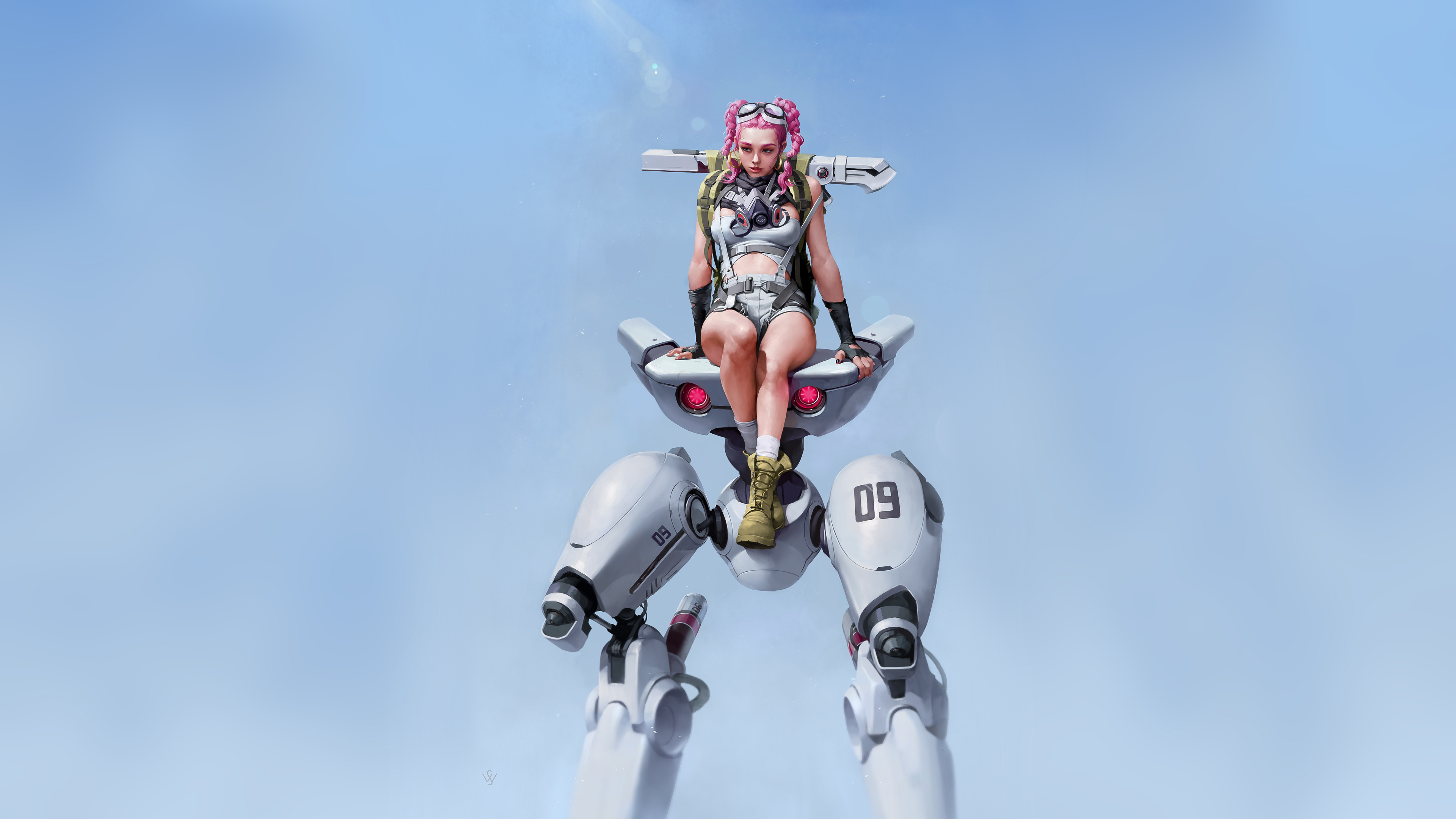 Free download pink hair braids cyberpunk robot blue background mecha girl 4K wallpaper, Wallpaper & 7wallpaper