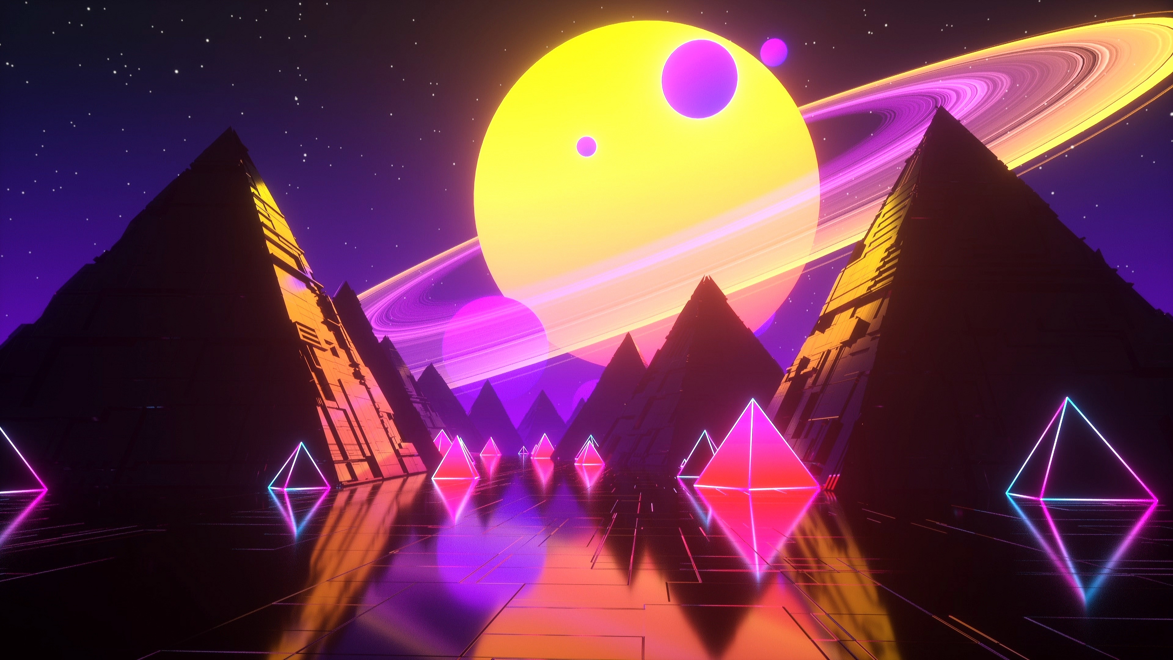 Free download AI Art Synthwave Color Abstract Planet Rings Stars Pyramid 4K Wallpaper, Wallpaper & 7wallpaper