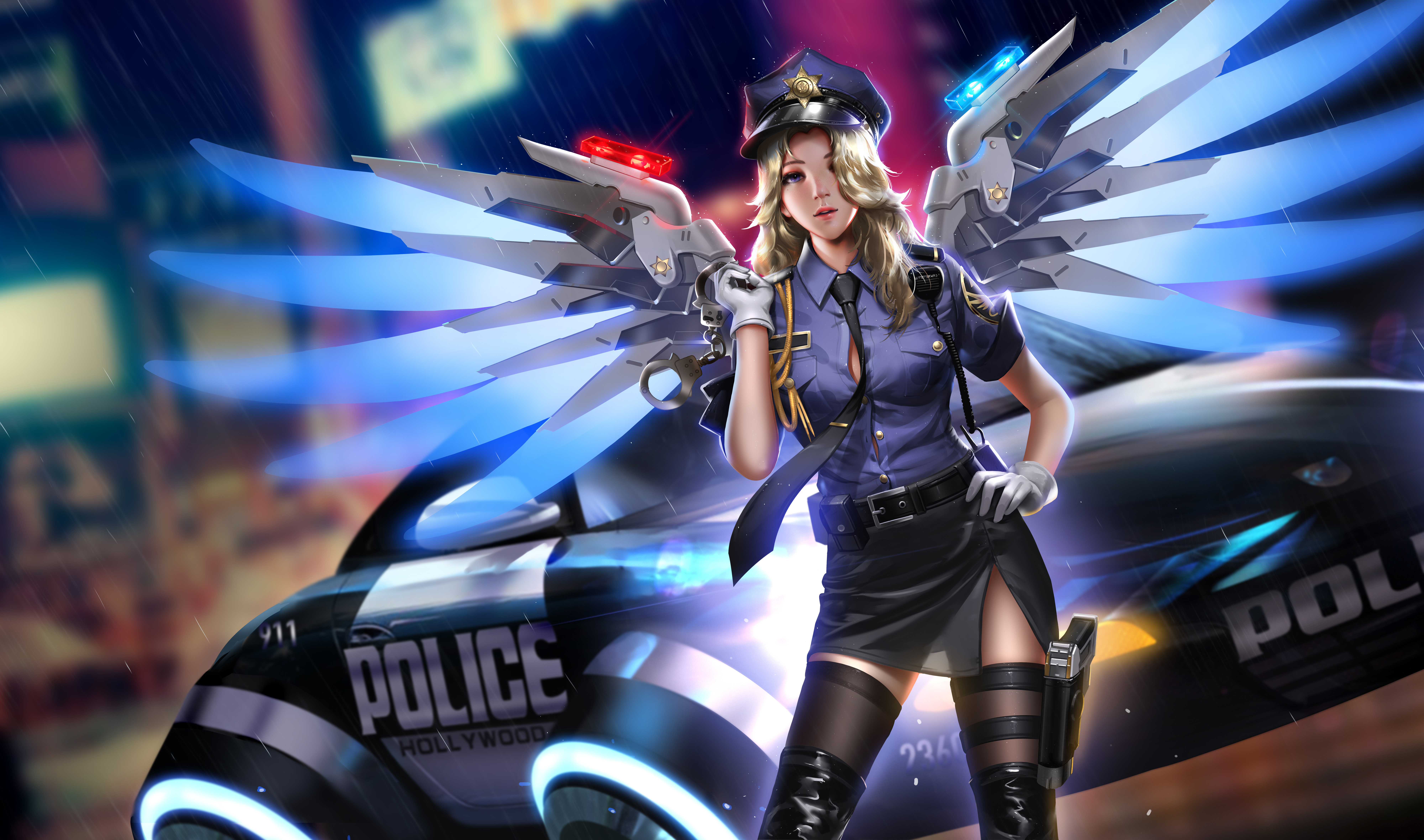 Free download Overwatch video game character blonde policewoman girl beret wings socks knee boots car police car futuristic night rain sketch AI art illustration 8K wallpaper, Wallpaper & 7wallpaper