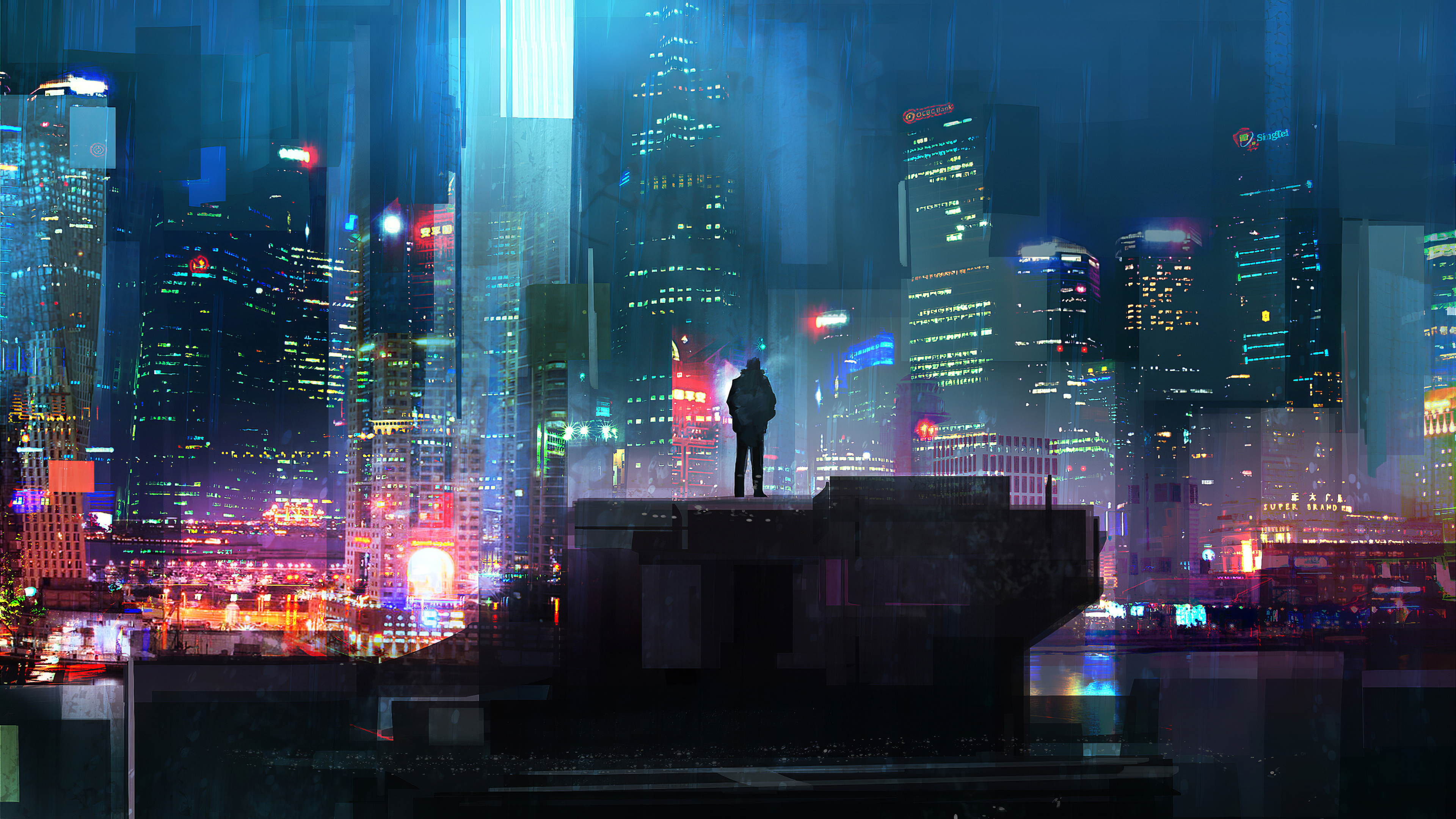 Free download AI Art Illustration Concept Art Man Silhouette Loneliness City Lights City Lights Building Skyscraper Computer Wallpaper 4K Wallpaper, Wallpaper(s)