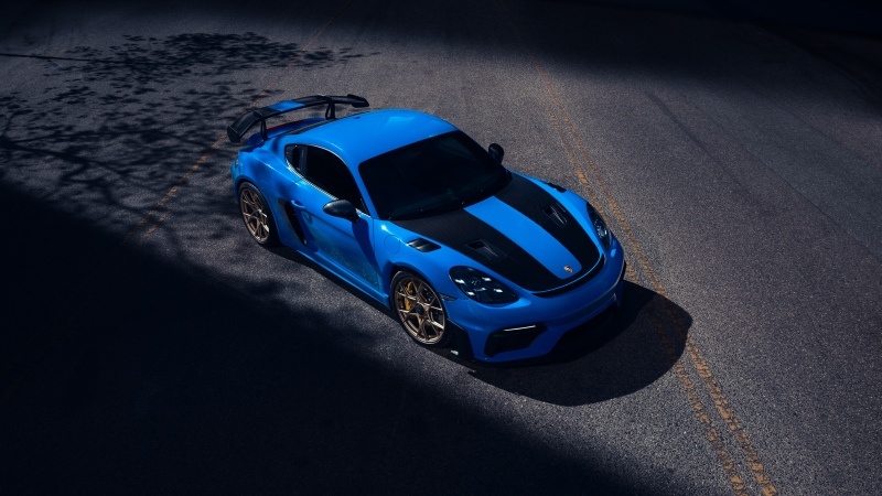 Free download Porsche 718 Cayman GT4 RS 8K Blue car Sports cars Racing stripes 5K, Wallpaper(s)