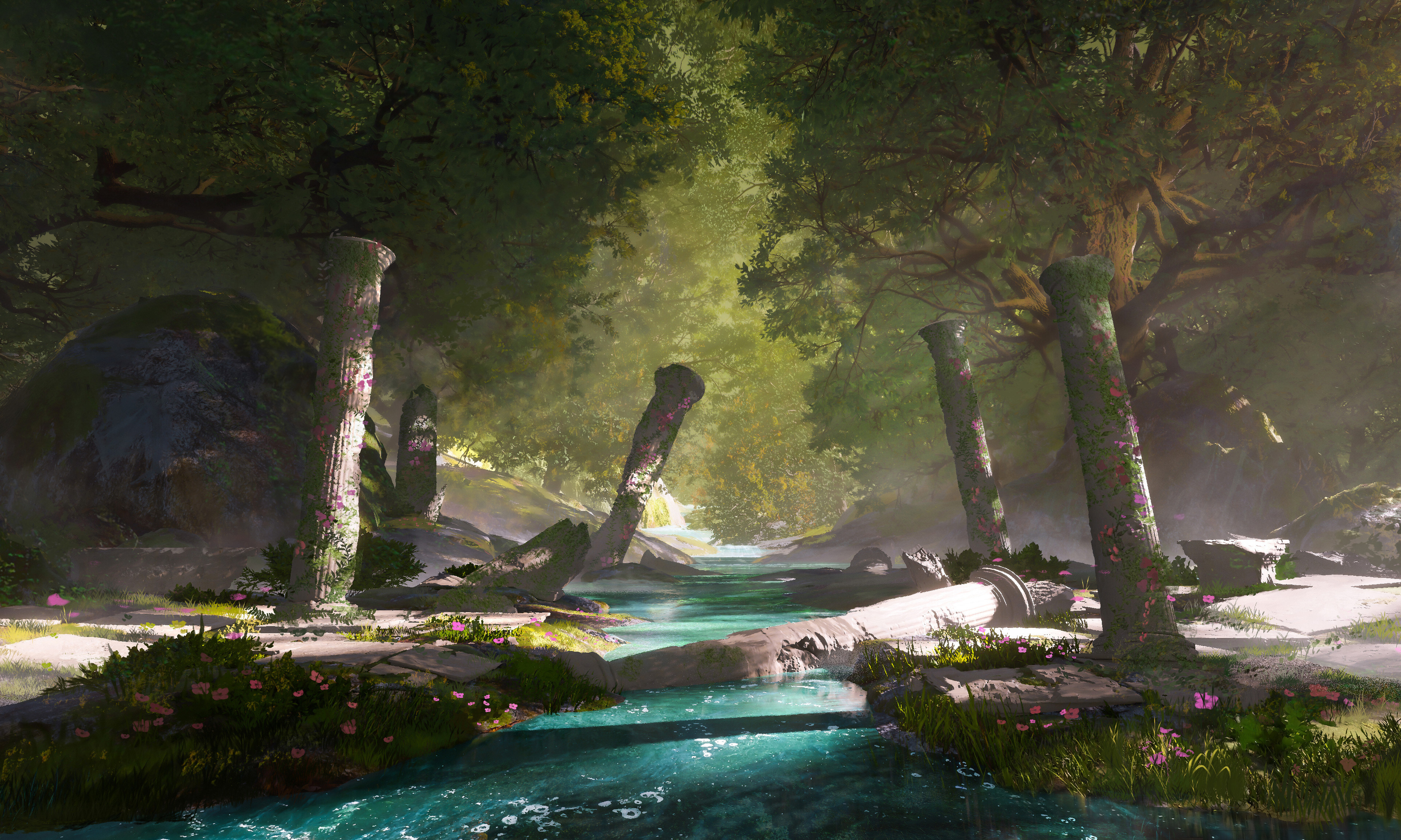 Free download illustration forest trees nature pillar building environment river ruins fantasy art computer wallpaper 4K wallpaper, Wallpaper website provided.