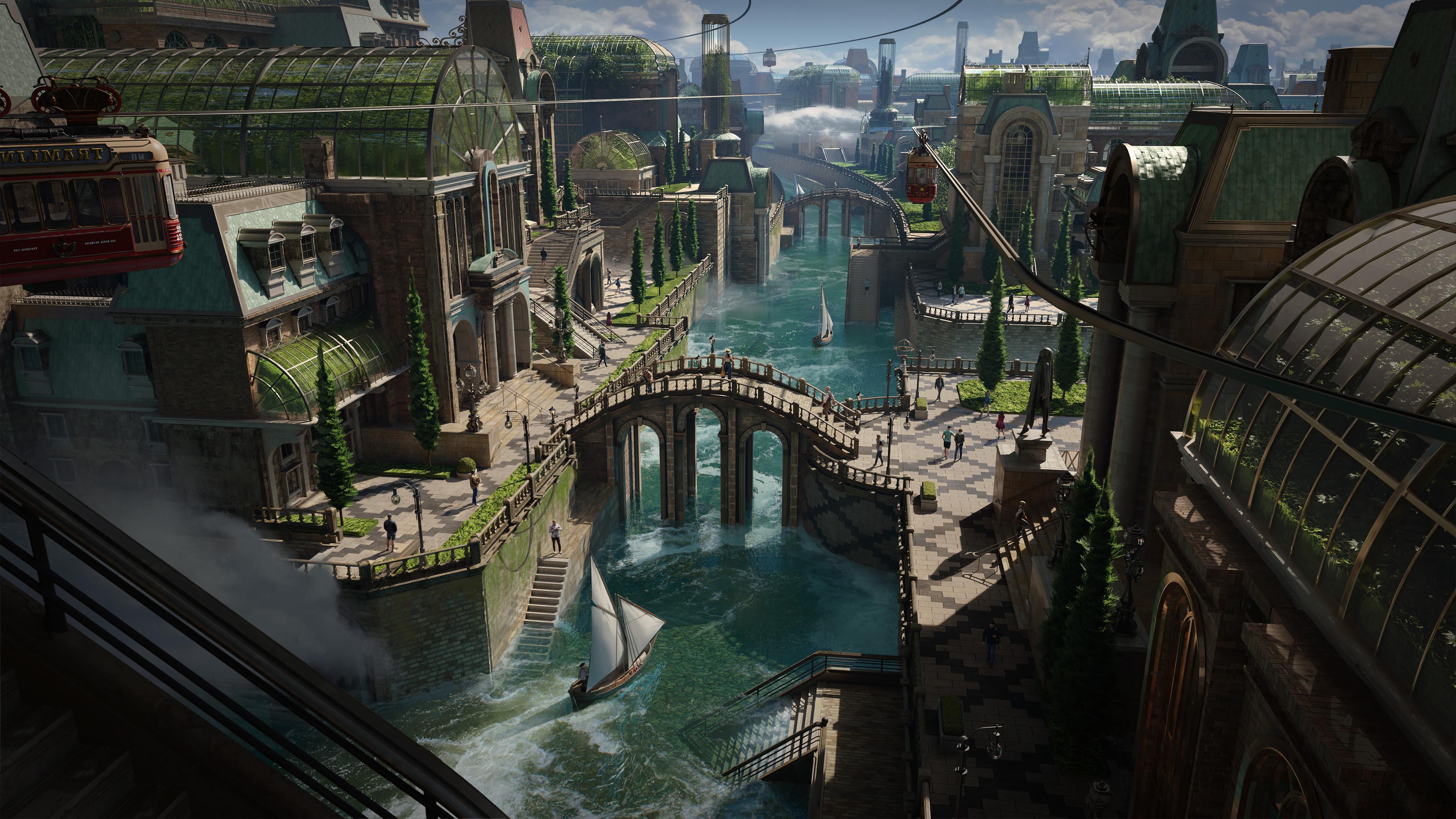 Free download Fantasy Art Fantasy City AI Art Steampunk Tram Computer Wallpaper 4K Wallpaper, Wallpaper website provided.
