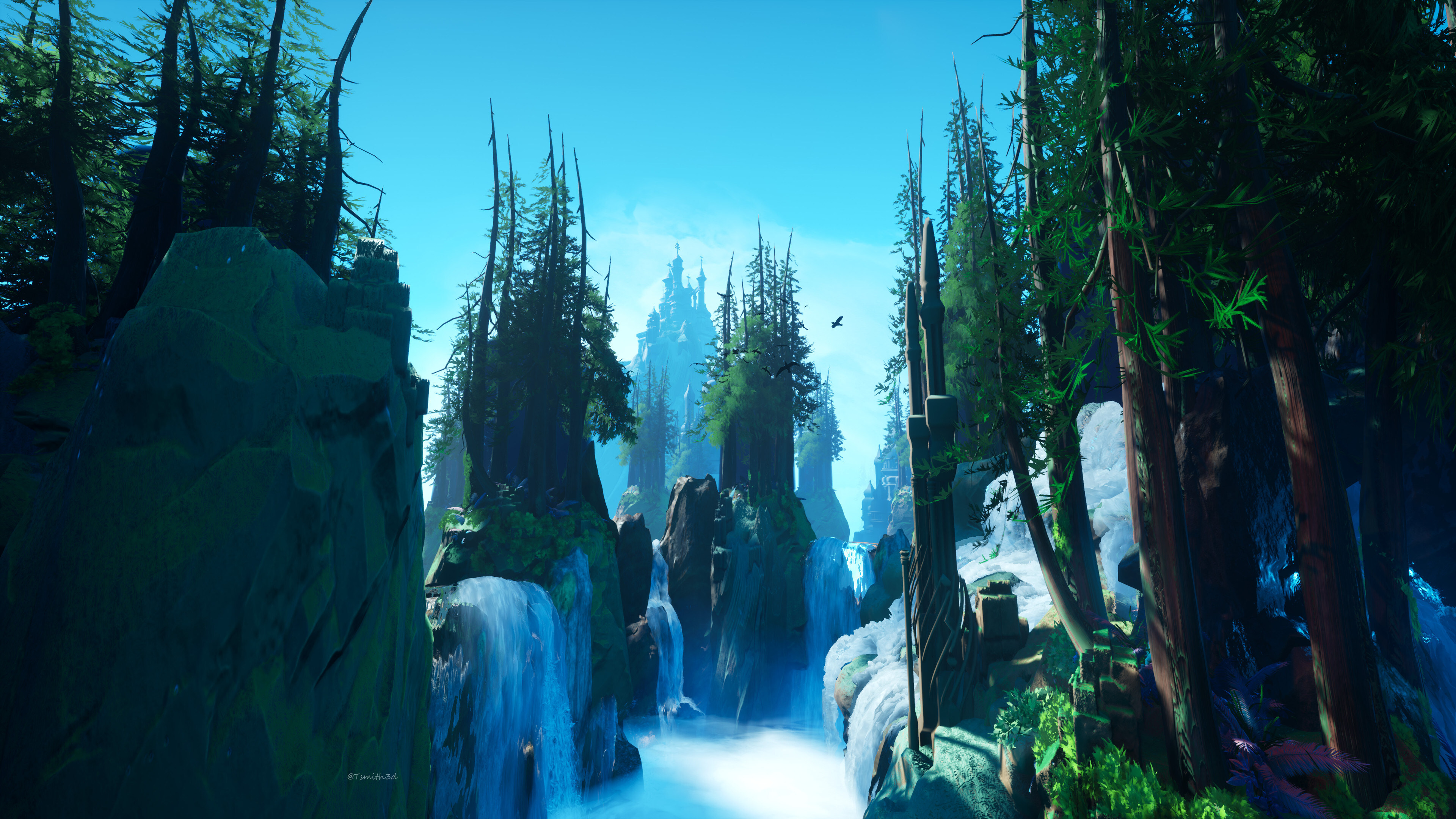 Free download AI Art Fantasy Art Castle Trees Forest Waterfall Computer Wallpaper 4K Wallpaper, Wallpaper(s)