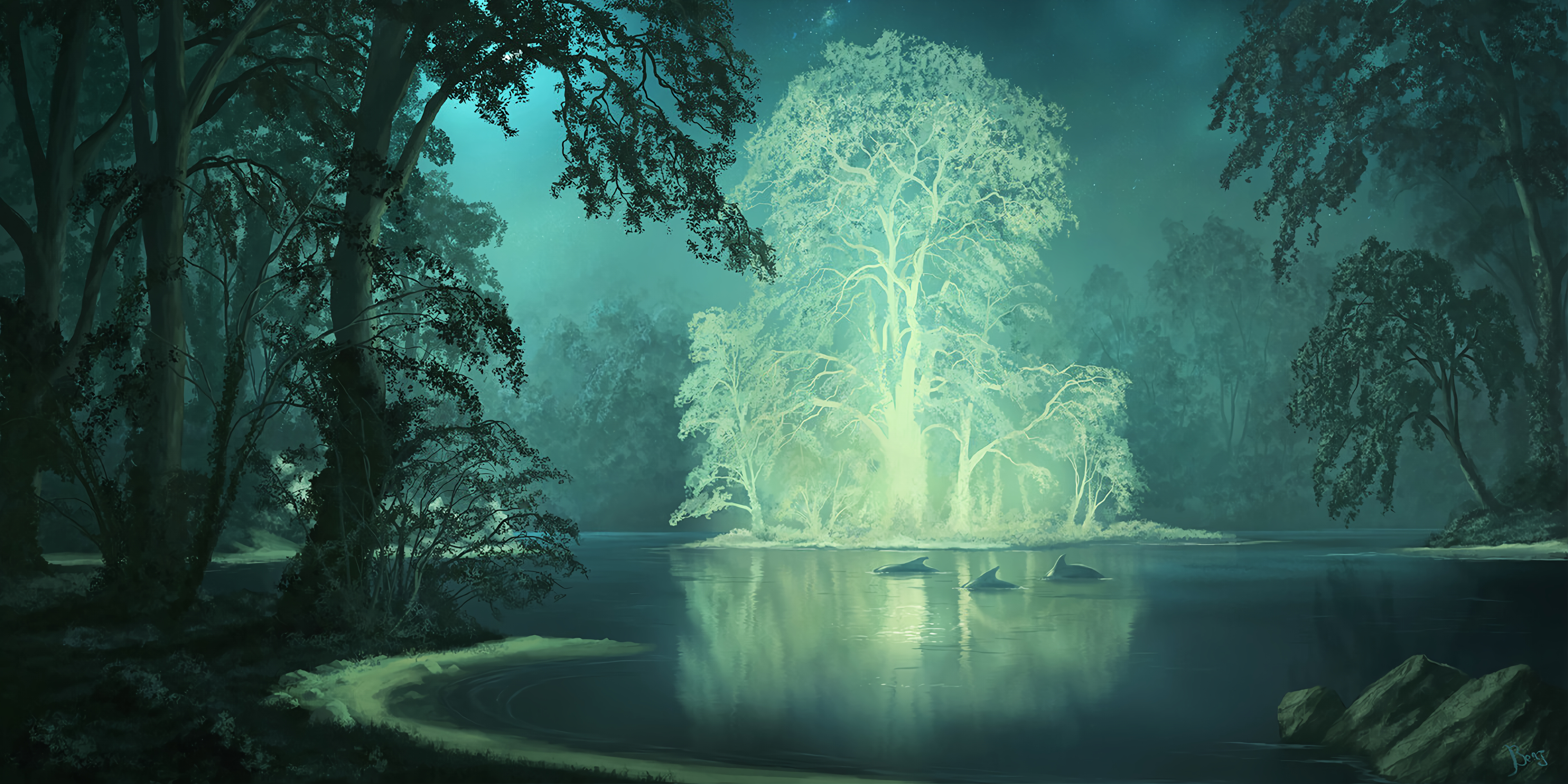 Free download AI Art Fantasy Art Trees Dolphin Starry Night Forest Computer Wallpaper 4K Wallpaper, Wallpaper(s)